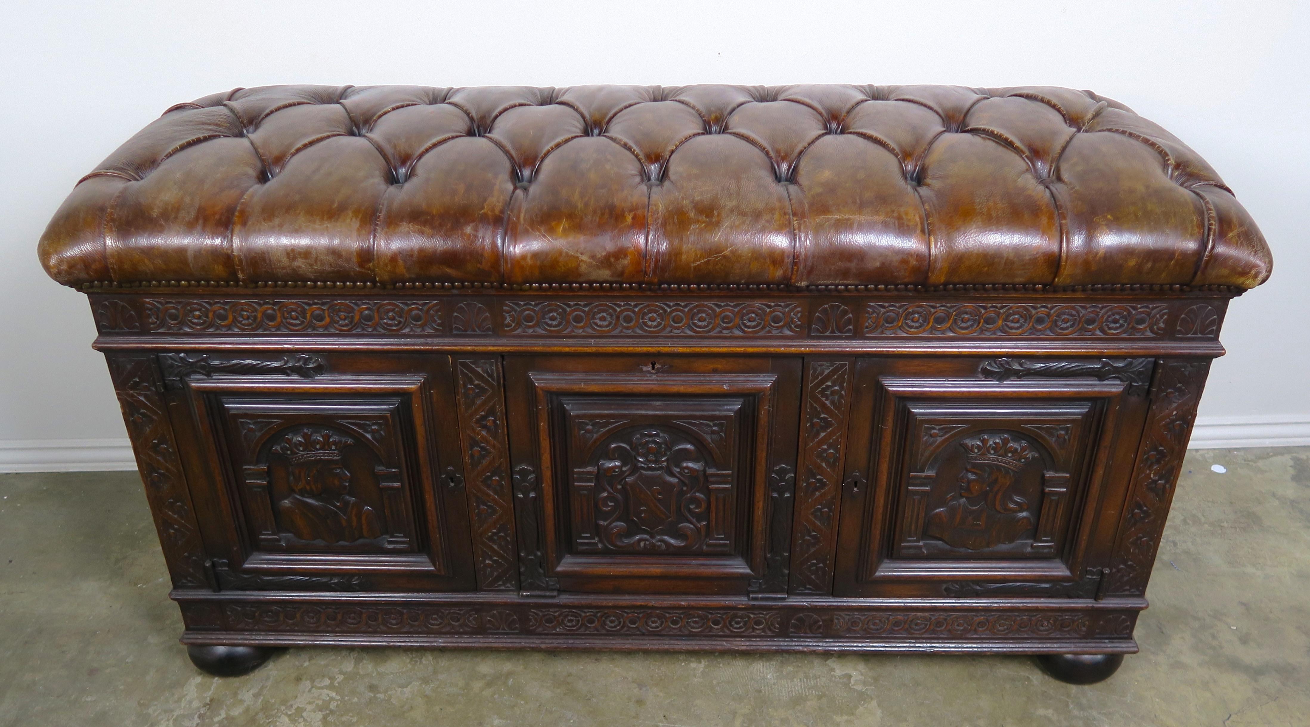 Renaissance English Oak Leather Tufted Bench with Storage, circa 1900s