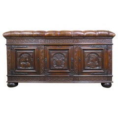 English Oak Leather Tufted Bench with Storage, circa 1900s