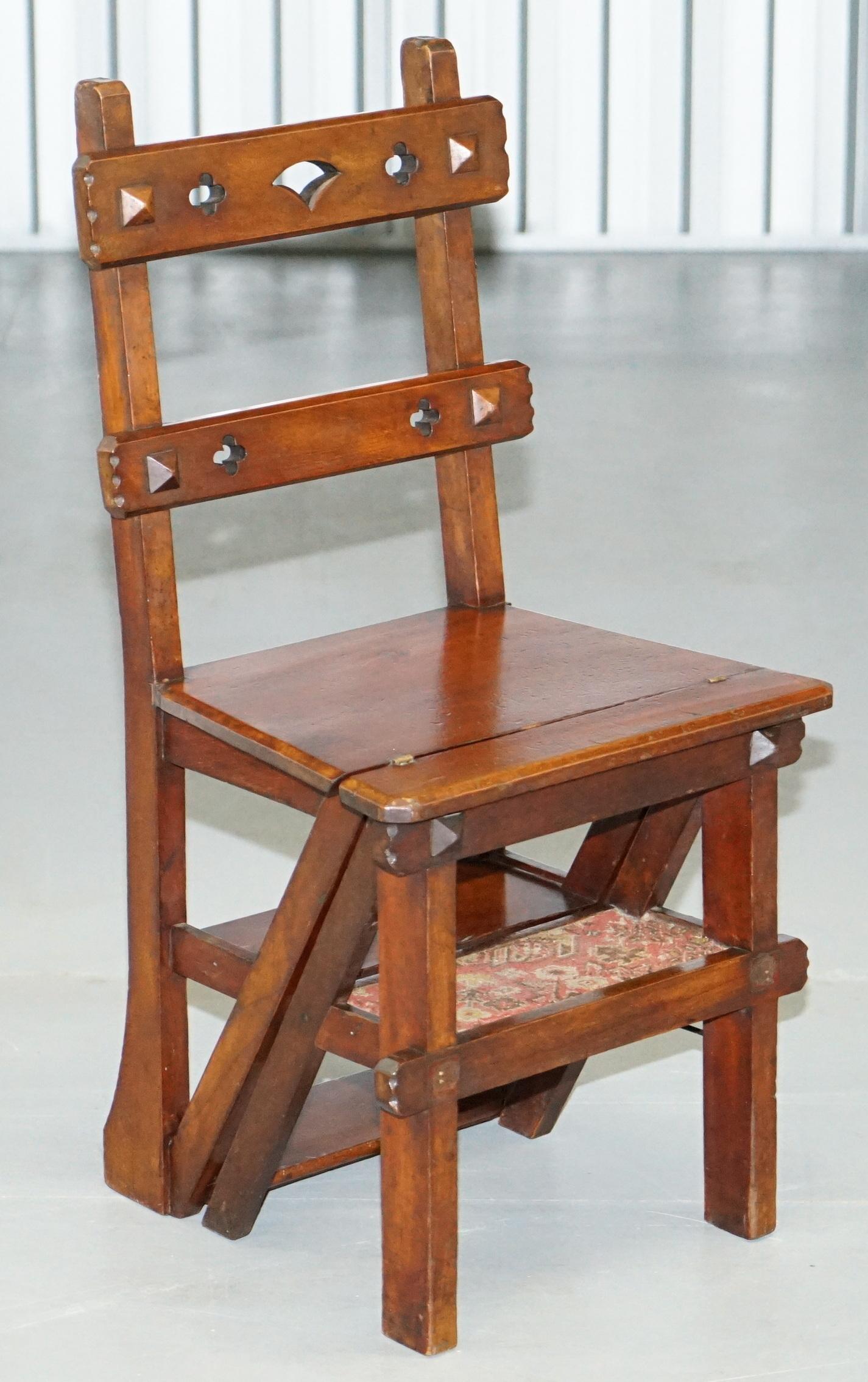 We are delighted to offer for sale this stunning Arts & Crafts circa 1890 English oak metamorphic library steps chair with carpet upholstery to the step side

A very good looking and well made piece, this is an early version of this chair, it was