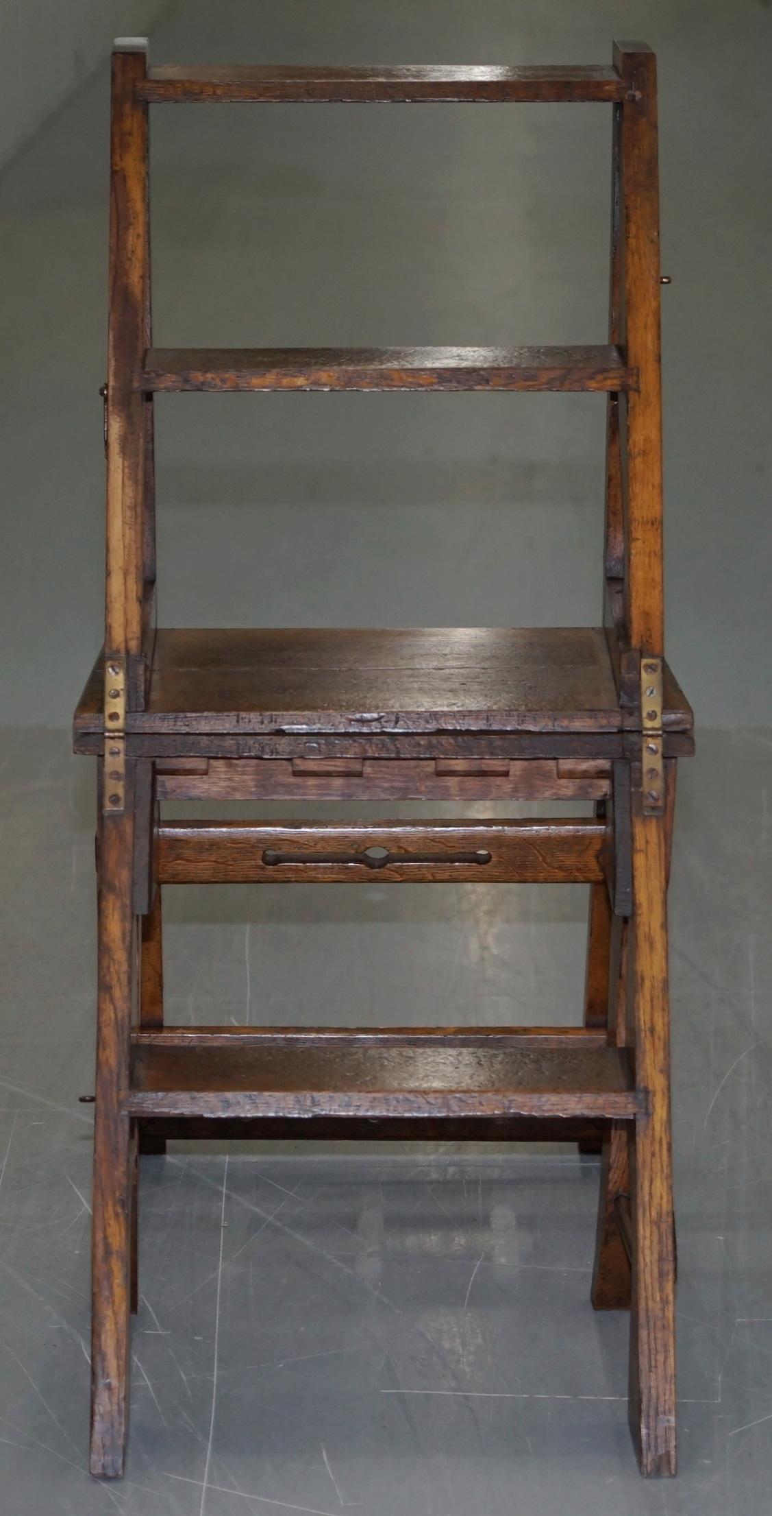 English Oak Library Chair Metamorphic Steps circa 1890 Arts & Crafts Handmade 9