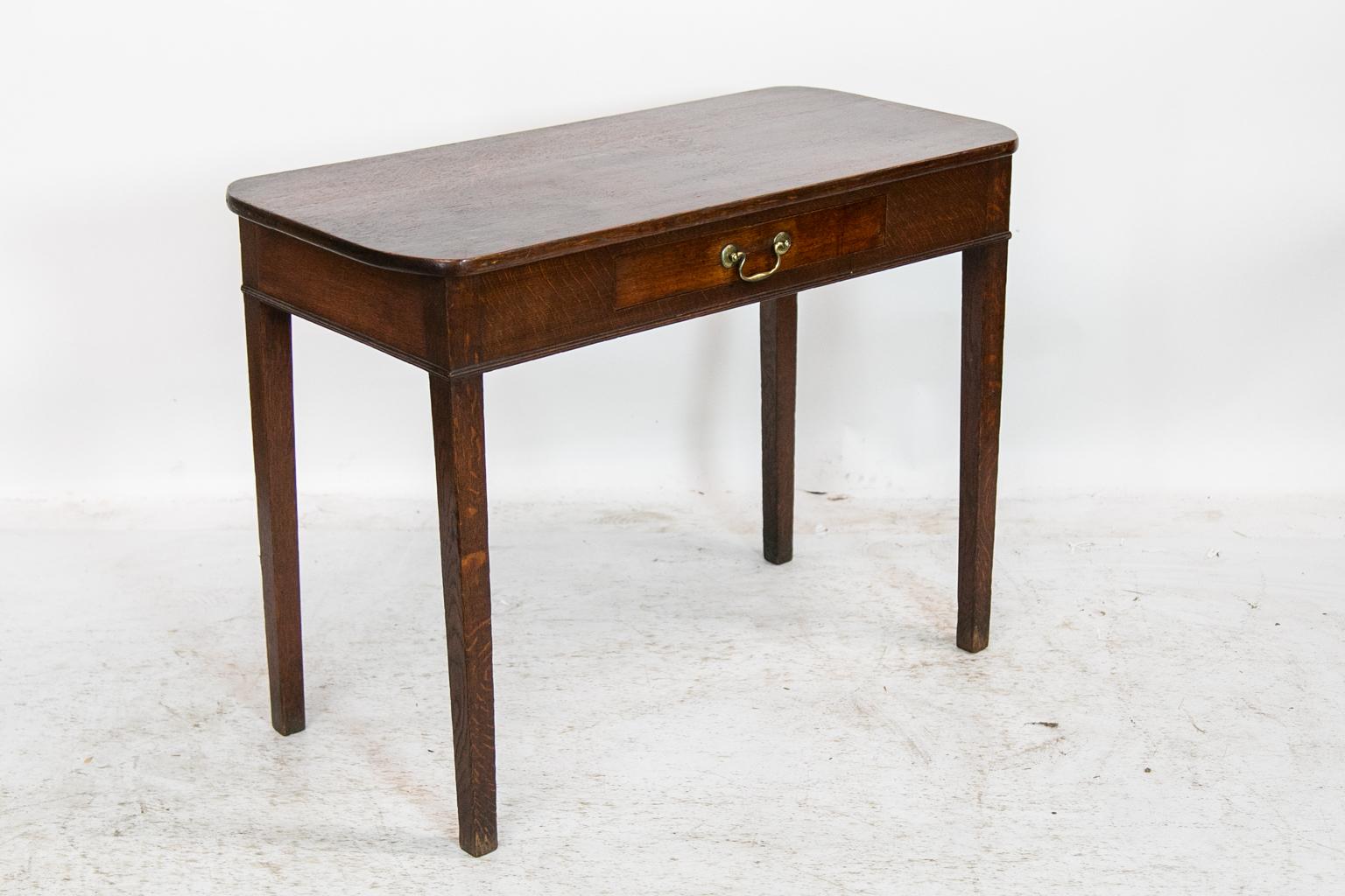Brass English Oak One-Drawer Side Table