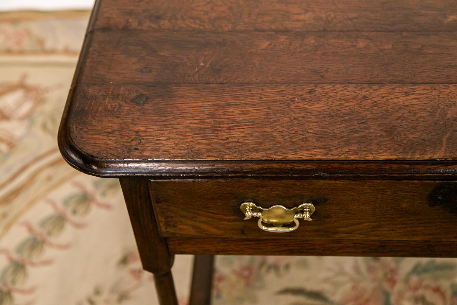 Brass English Oak One Drawer Stretcher Table