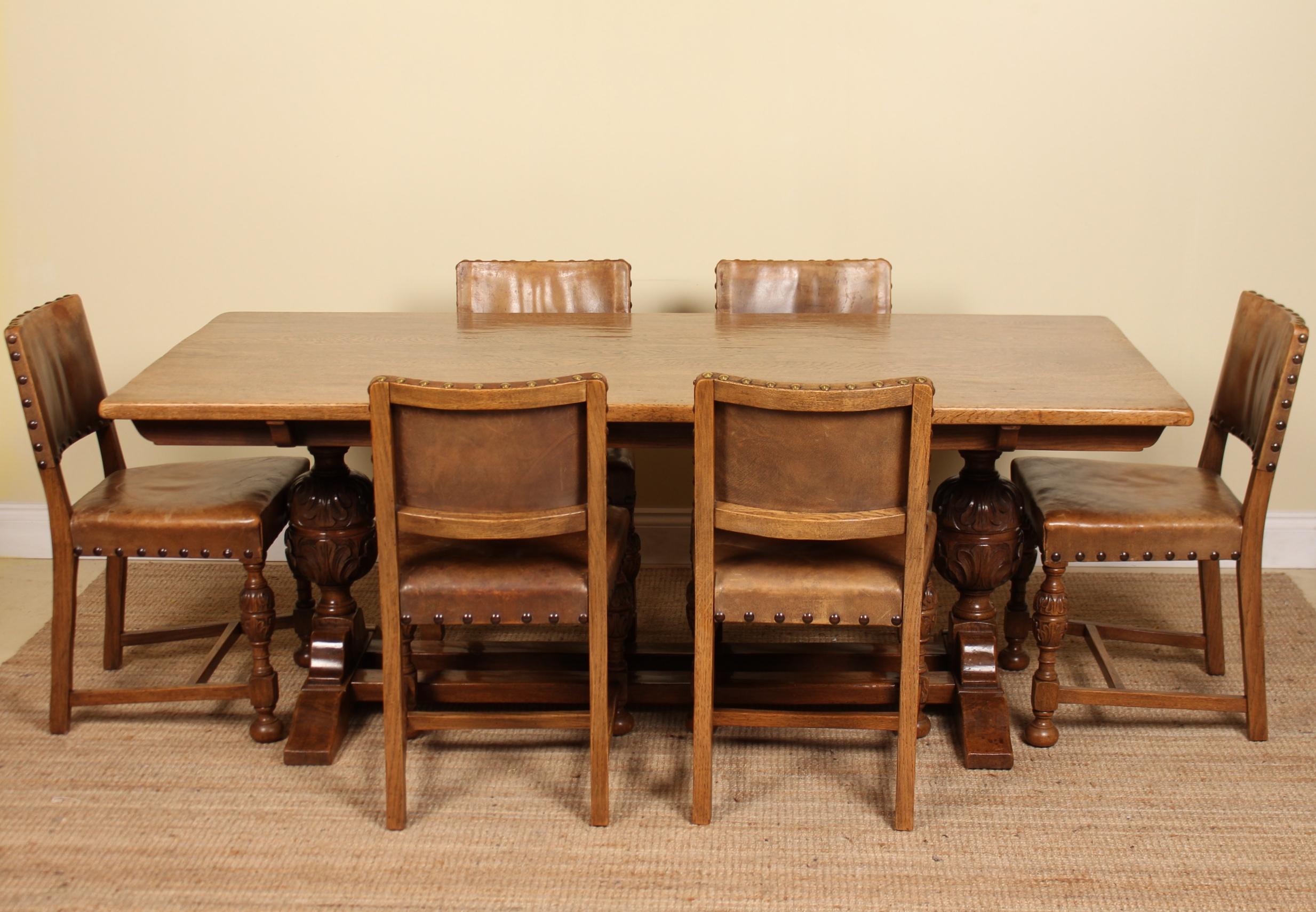 English Oak Refectory Dining Table and 6 Chairs Tan Leather For Sale 8