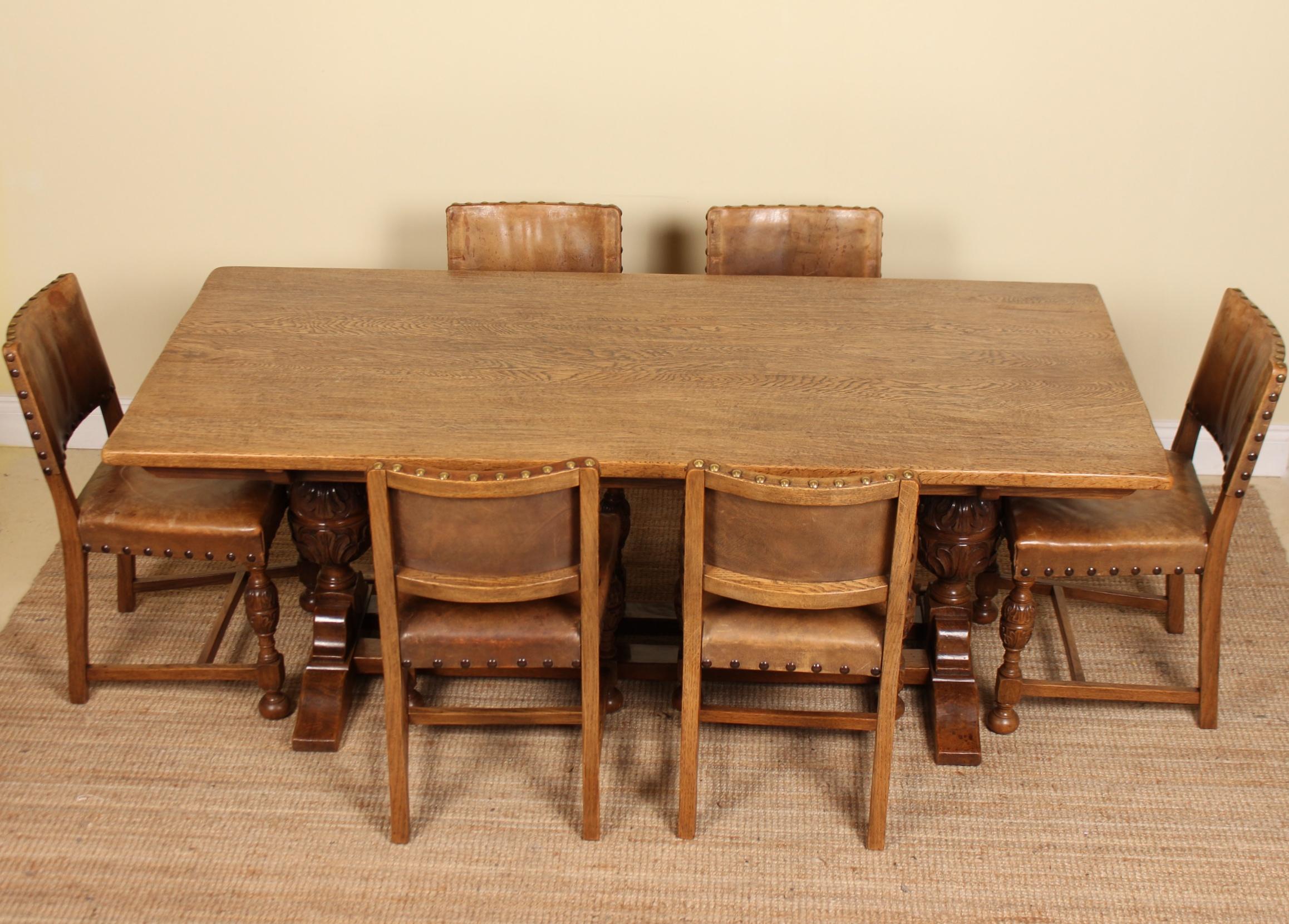 English Oak Refectory Dining Table and 6 Chairs Tan Leather For Sale 9