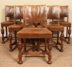 English Oak Refectory Dining Table and 6 Chairs Tan Leather