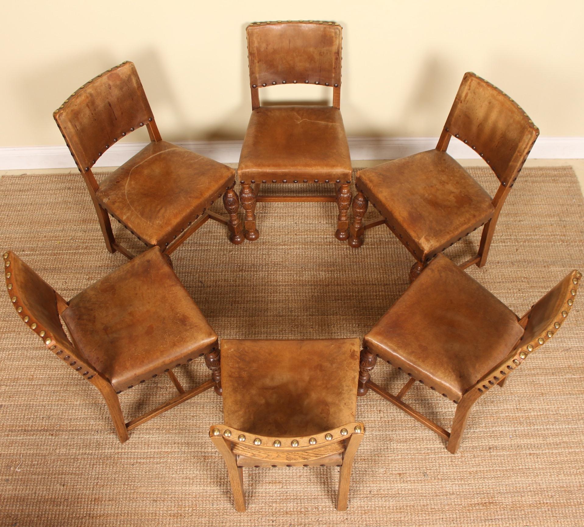 Early 20th Century English Oak Refectory Dining Table and 6 Chairs Tan Leather For Sale