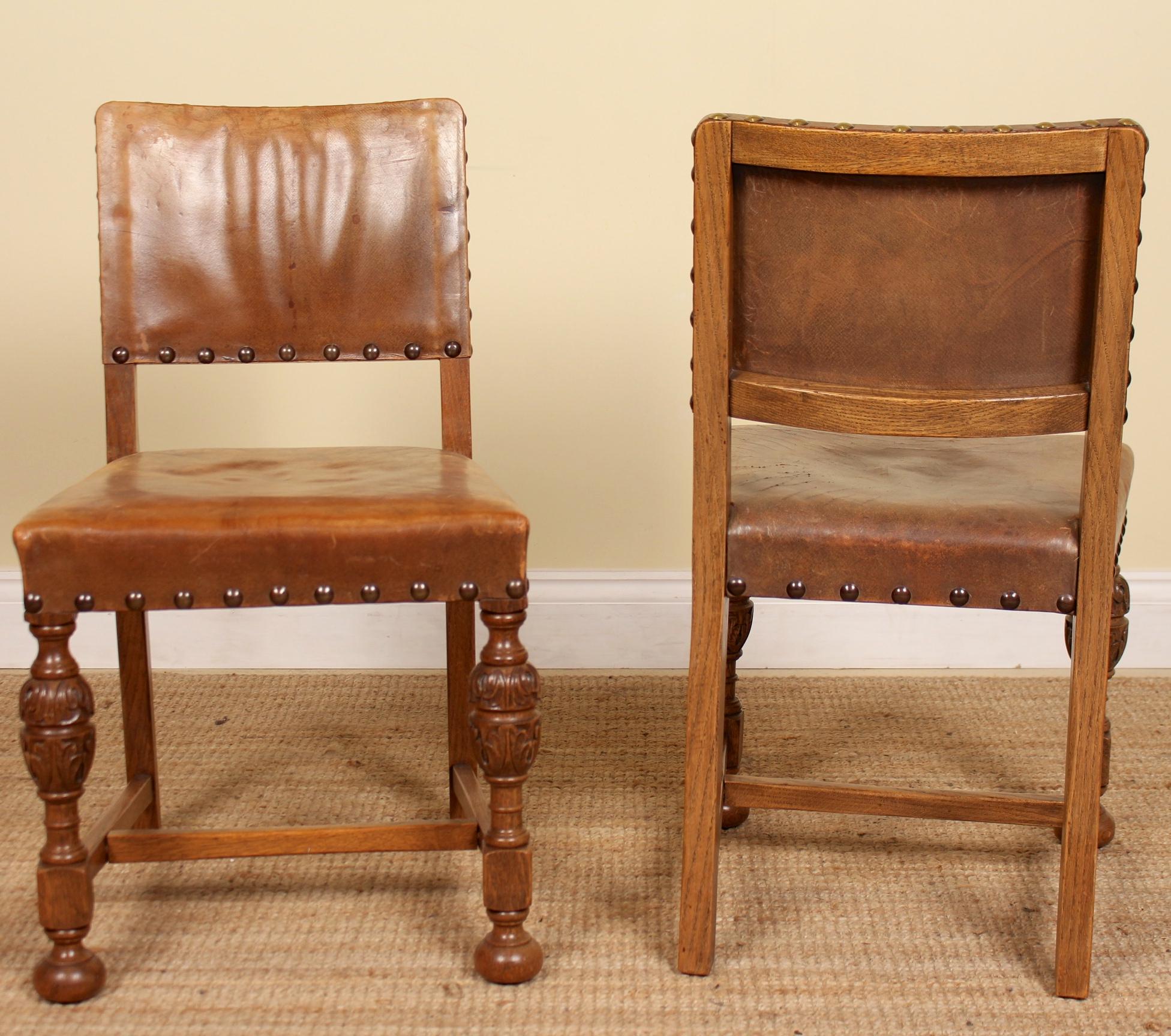 English Oak Refectory Dining Table and 6 Chairs Tan Leather For Sale 3