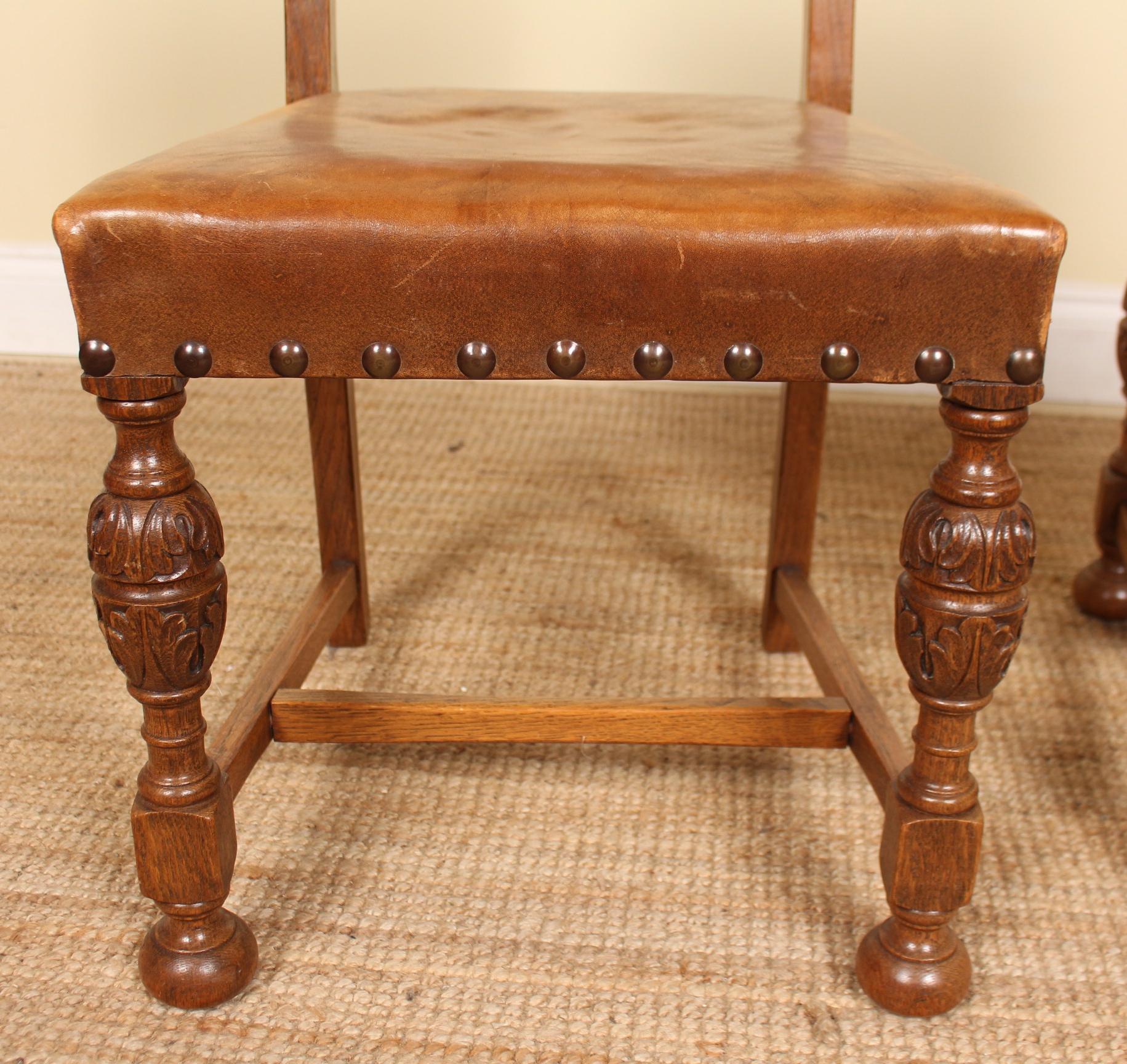 English Oak Refectory Dining Table and 6 Chairs Tan Leather For Sale 4