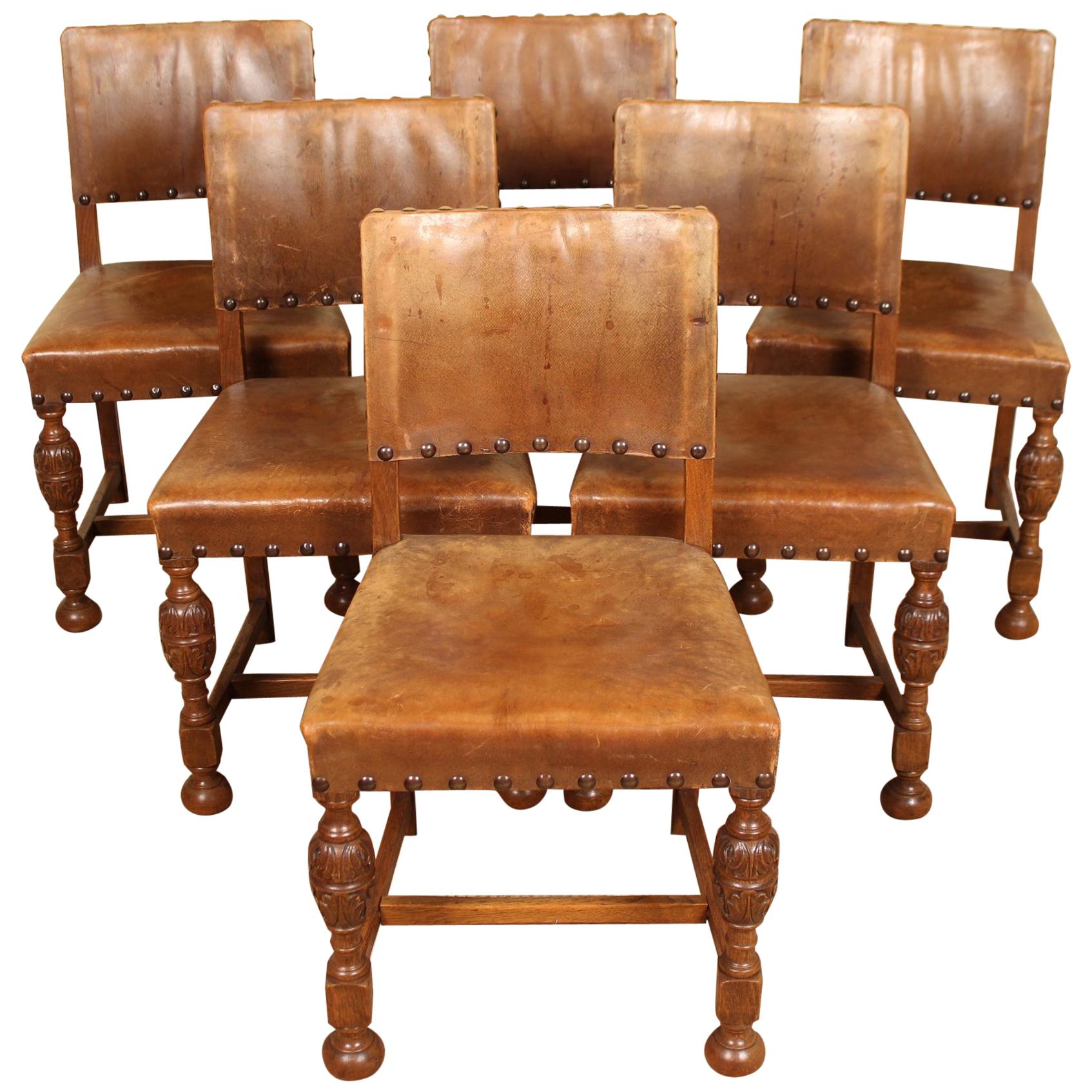 English Oak Refectory Dining Table and 6 Chairs Tan Leather For Sale