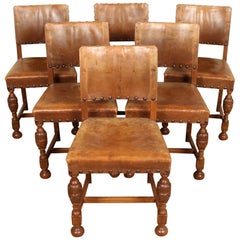 English Oak Refectory Dining Table and 6 Chairs Tan Leather