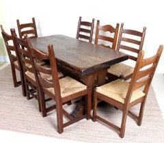 English Oak Refectory Dining Table and 8 Chairs Country Arts & Crafts Rustic