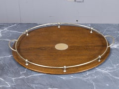 English Oak Serving Tray with Metal Gallery and Central Cartouche, circa 1900