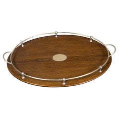 English Oak Serving Tray with Metal Gallery and Central Cartouche, circa 1900