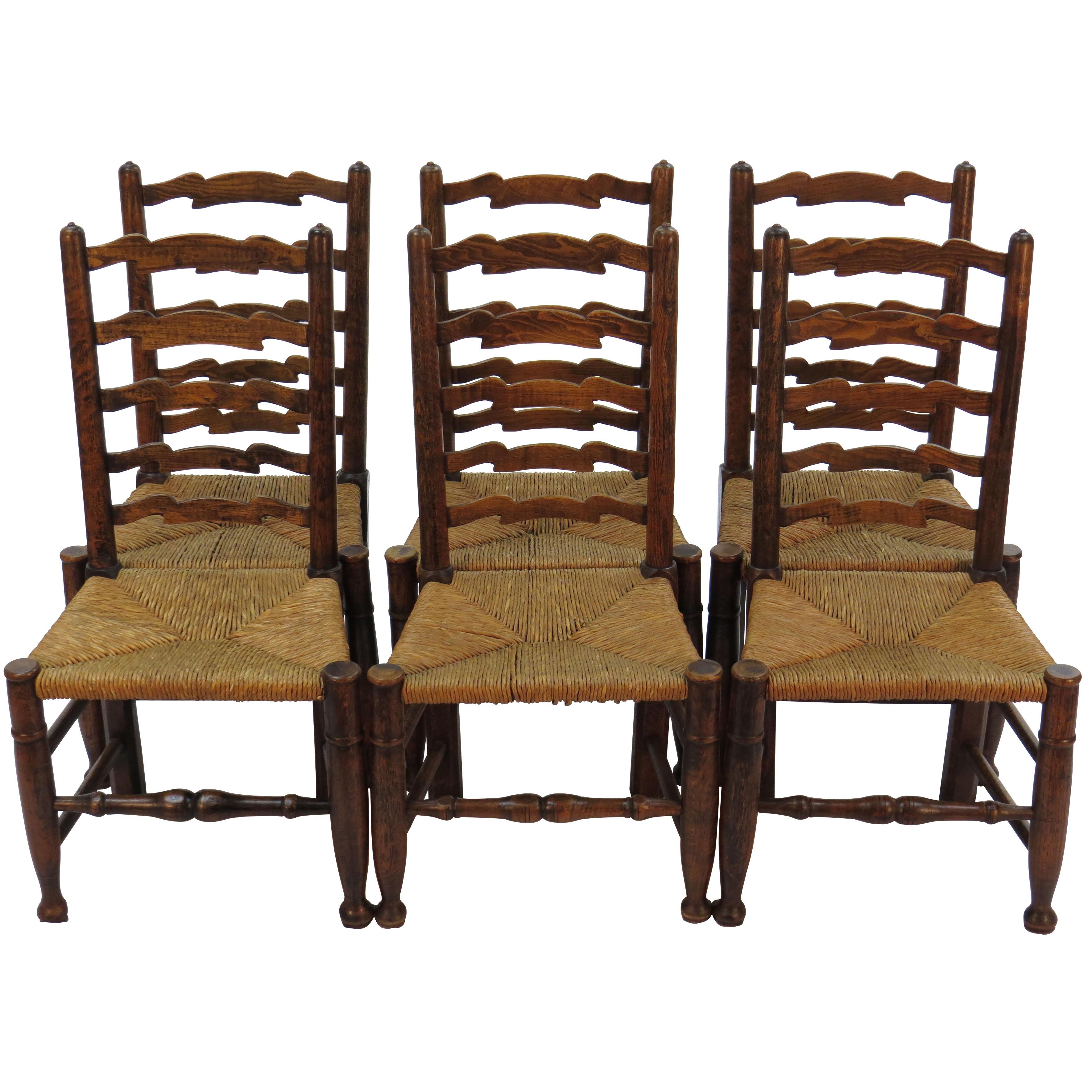English Oak Set of Six Ladder Back Dining Kitchen Chairs