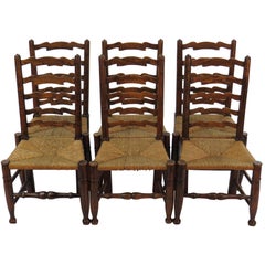 English Oak Set of Six Ladder Back Dining Kitchen Chairs