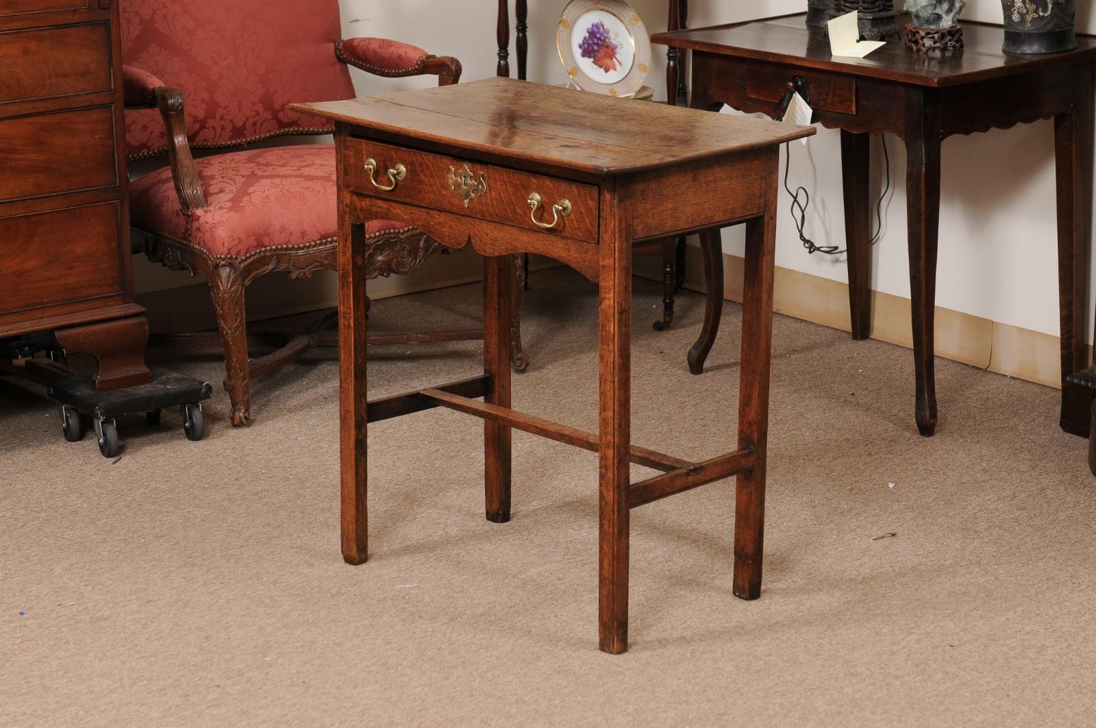English Oak Side Table with Drawer and H form Stretcher, ca. 1800 For Sale 11