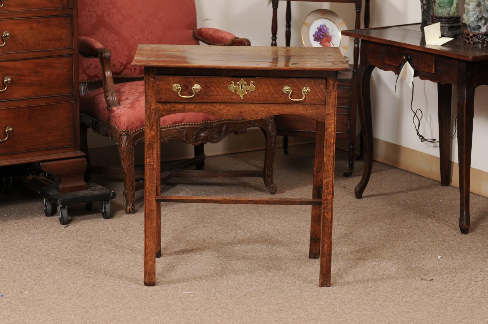 English Oak Side Table with Drawer and H form Stretcher, ca. 1800 For Sale 12