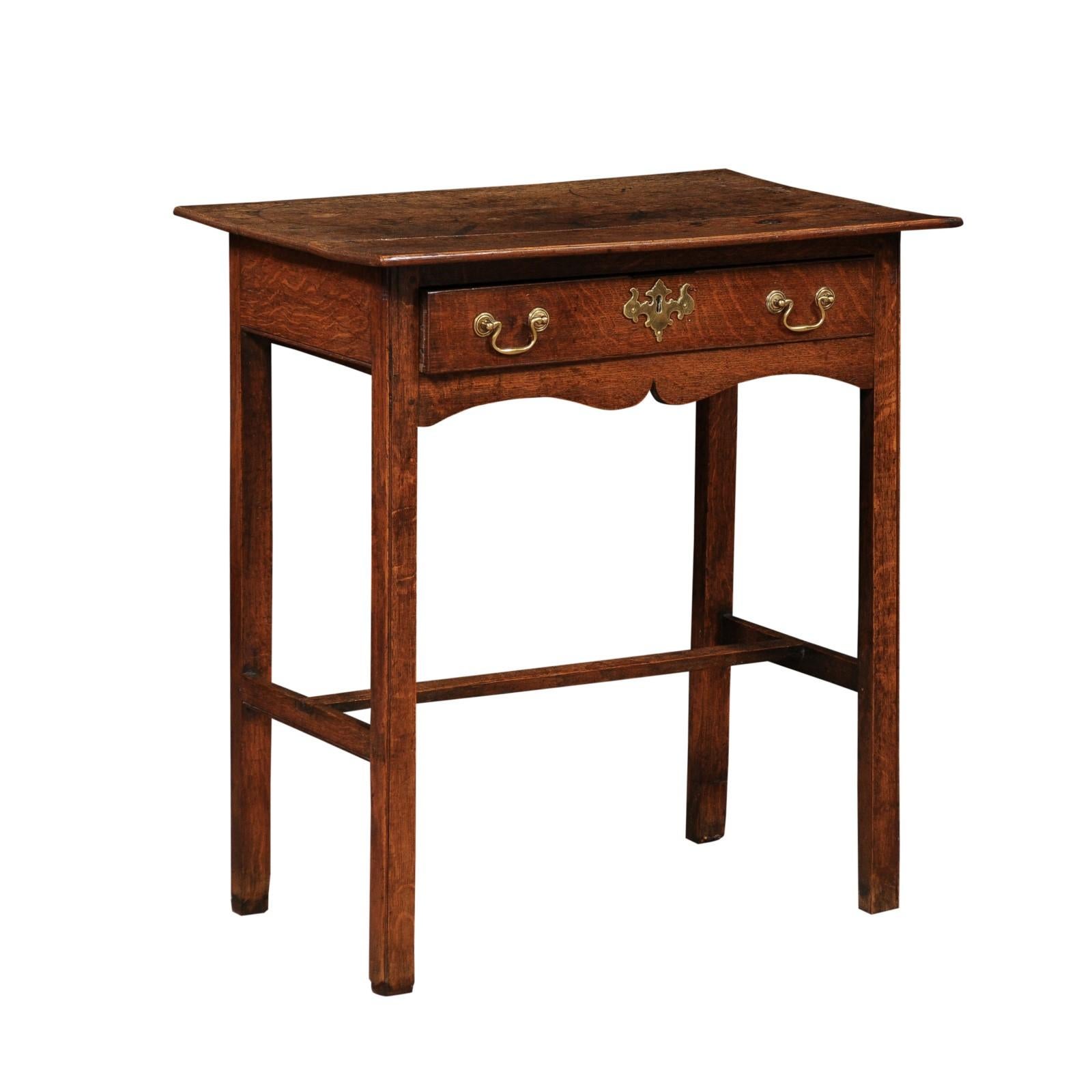 English Oak Side Table with Drawer and H form Stretcher, ca. 1800 In Good Condition For Sale In Atlanta, GA