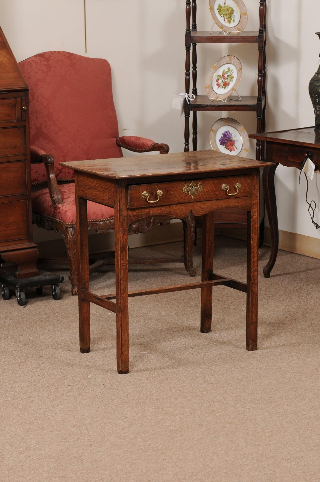 19th Century English Oak Side Table with Drawer and H form Stretcher, ca. 1800 For Sale