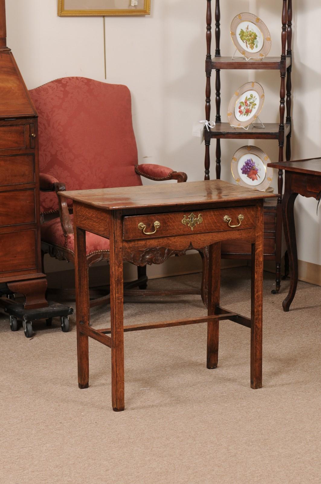 English Oak Side Table with Drawer and H form Stretcher, ca. 1800 For Sale 1