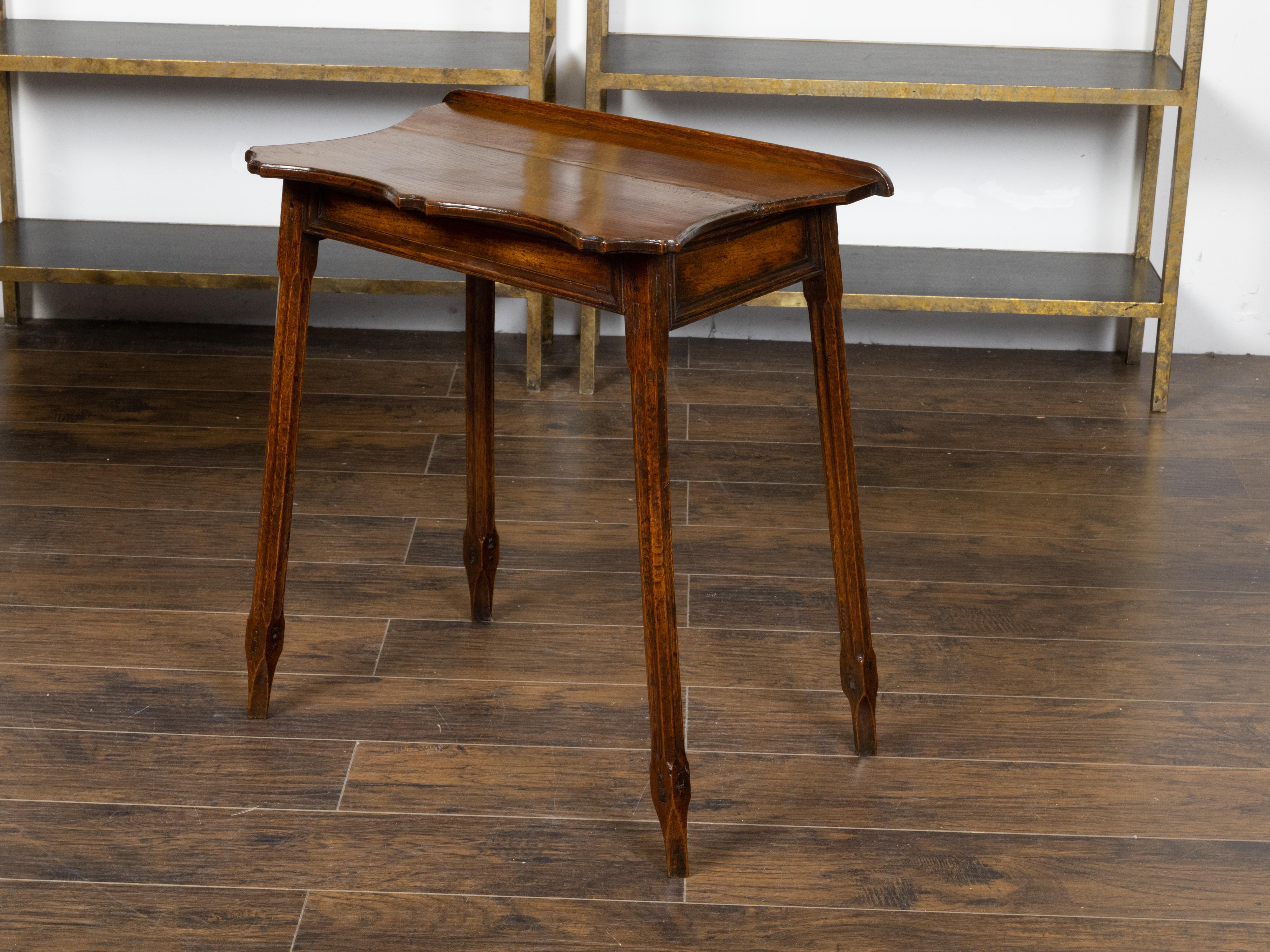 19th Century English Oak Side Table with Lift Top, Carved Serpentine Front and Fluted Legs For Sale