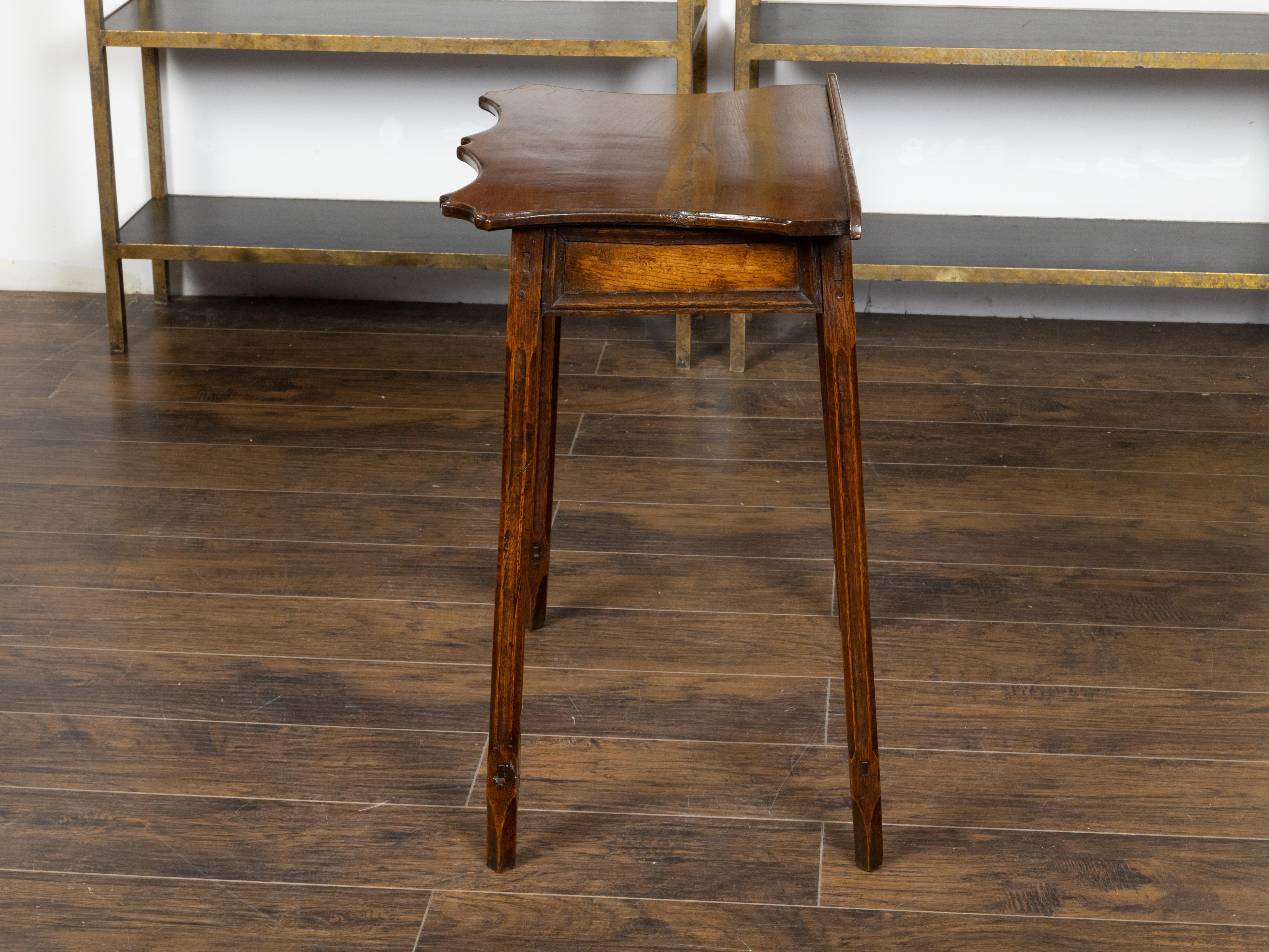 English Oak Side Table with Lift Top, Carved Serpentine Front and Fluted Legs For Sale 1