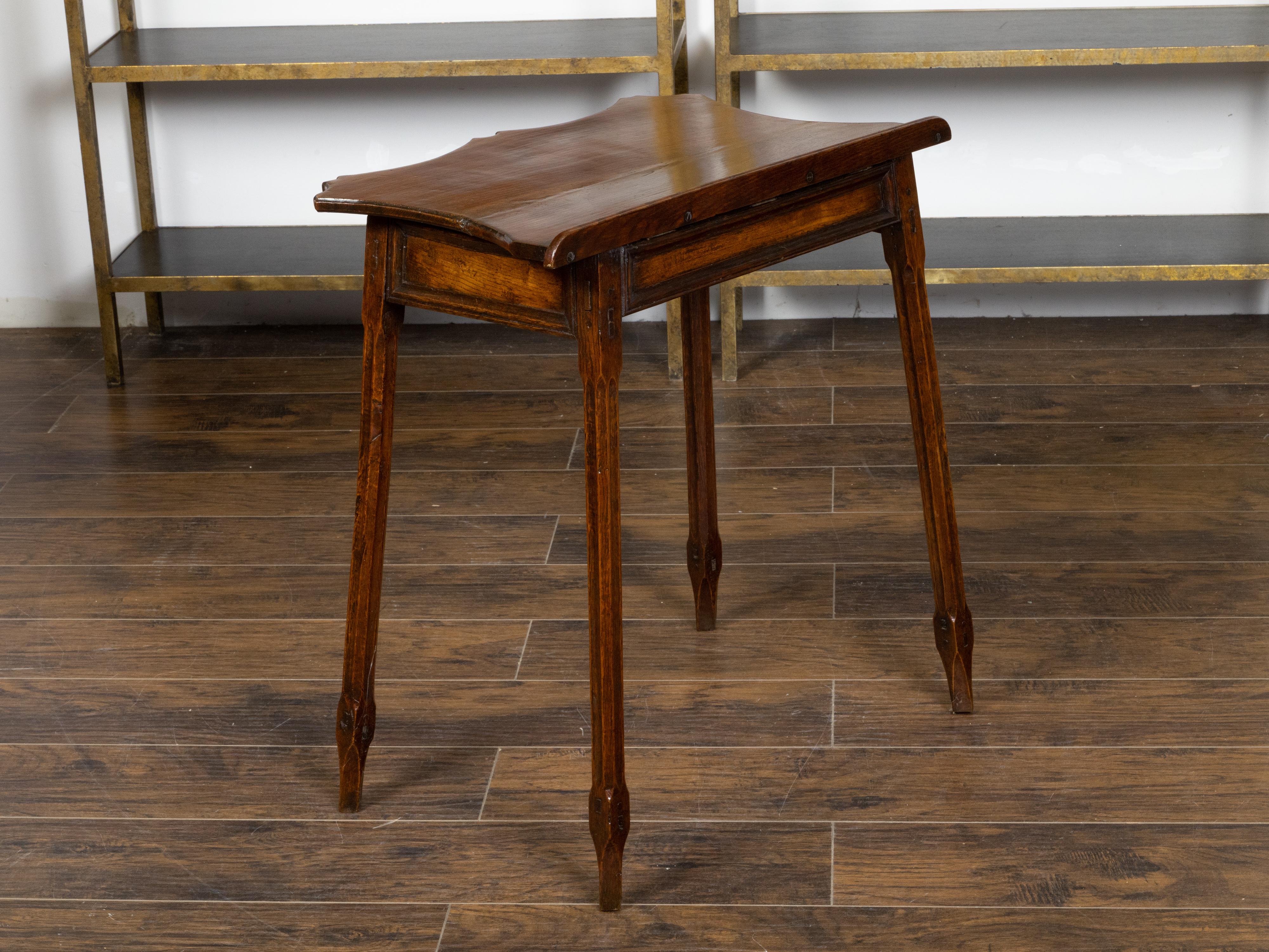English Oak Side Table with Lift Top, Carved Serpentine Front and Fluted Legs For Sale 2