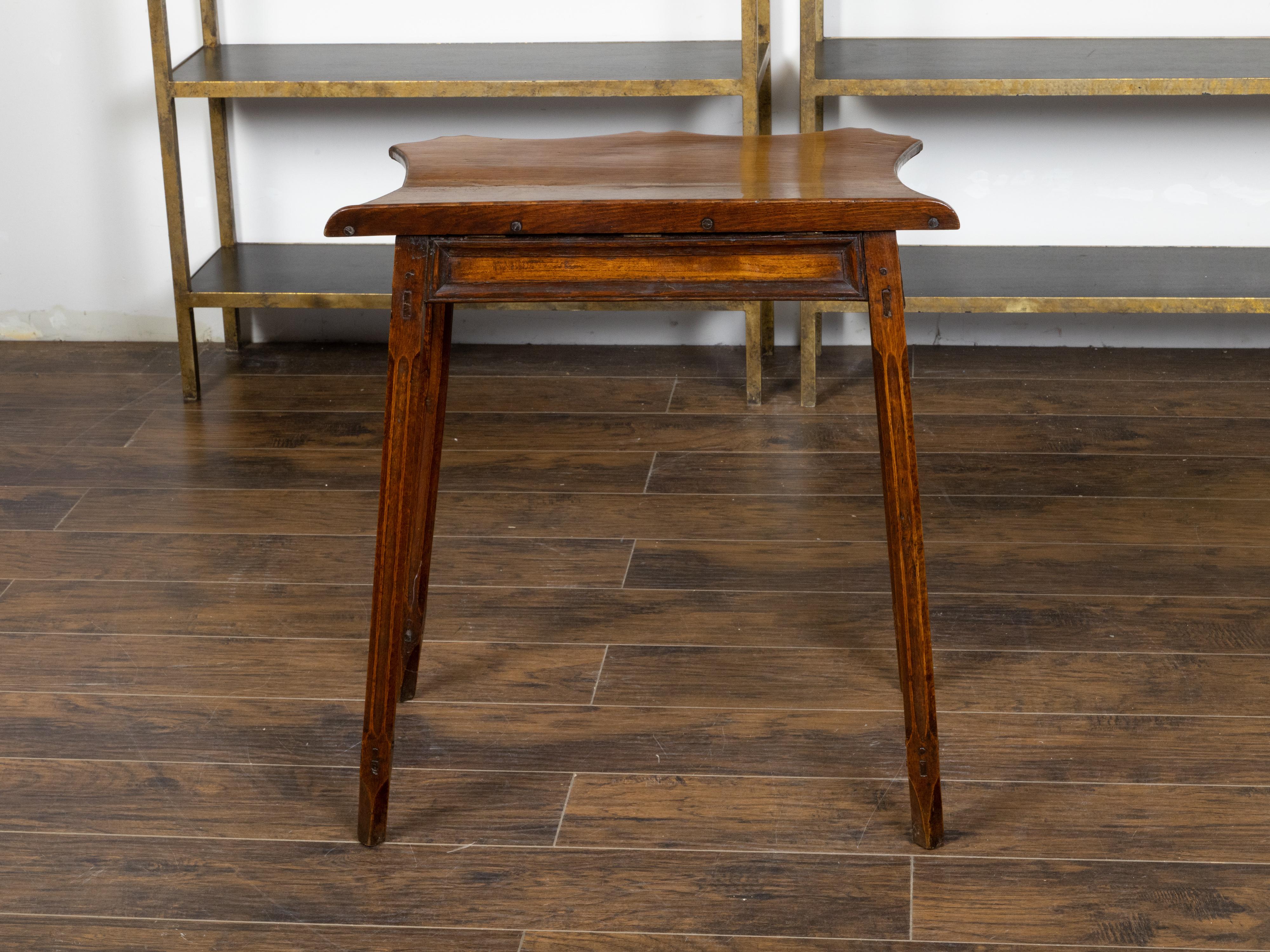 English Oak Side Table with Lift Top, Carved Serpentine Front and Fluted Legs For Sale 3