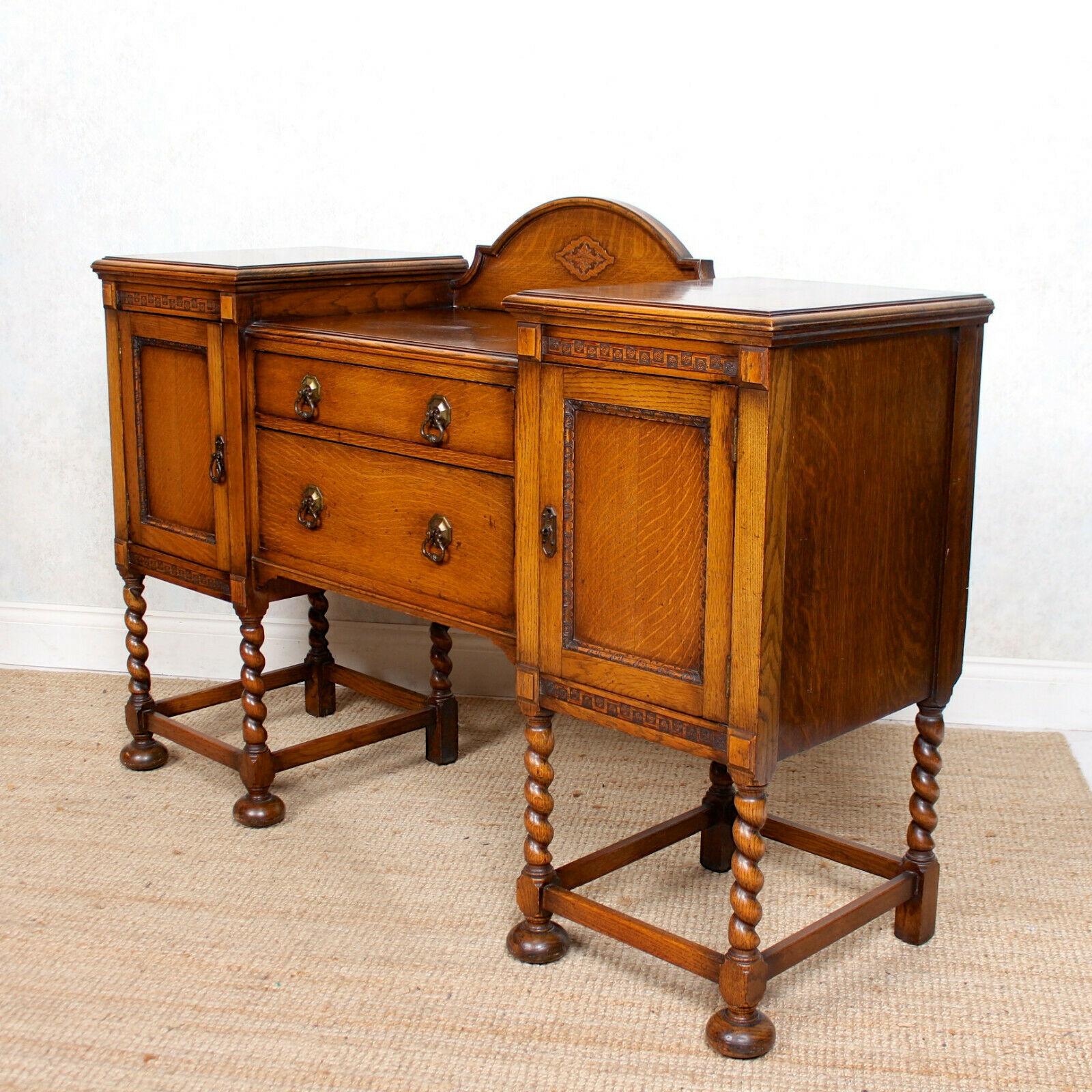 20th Century English Oak Sideboard Carved Barley Twist Credenza Country Arts & Crafts For Sale