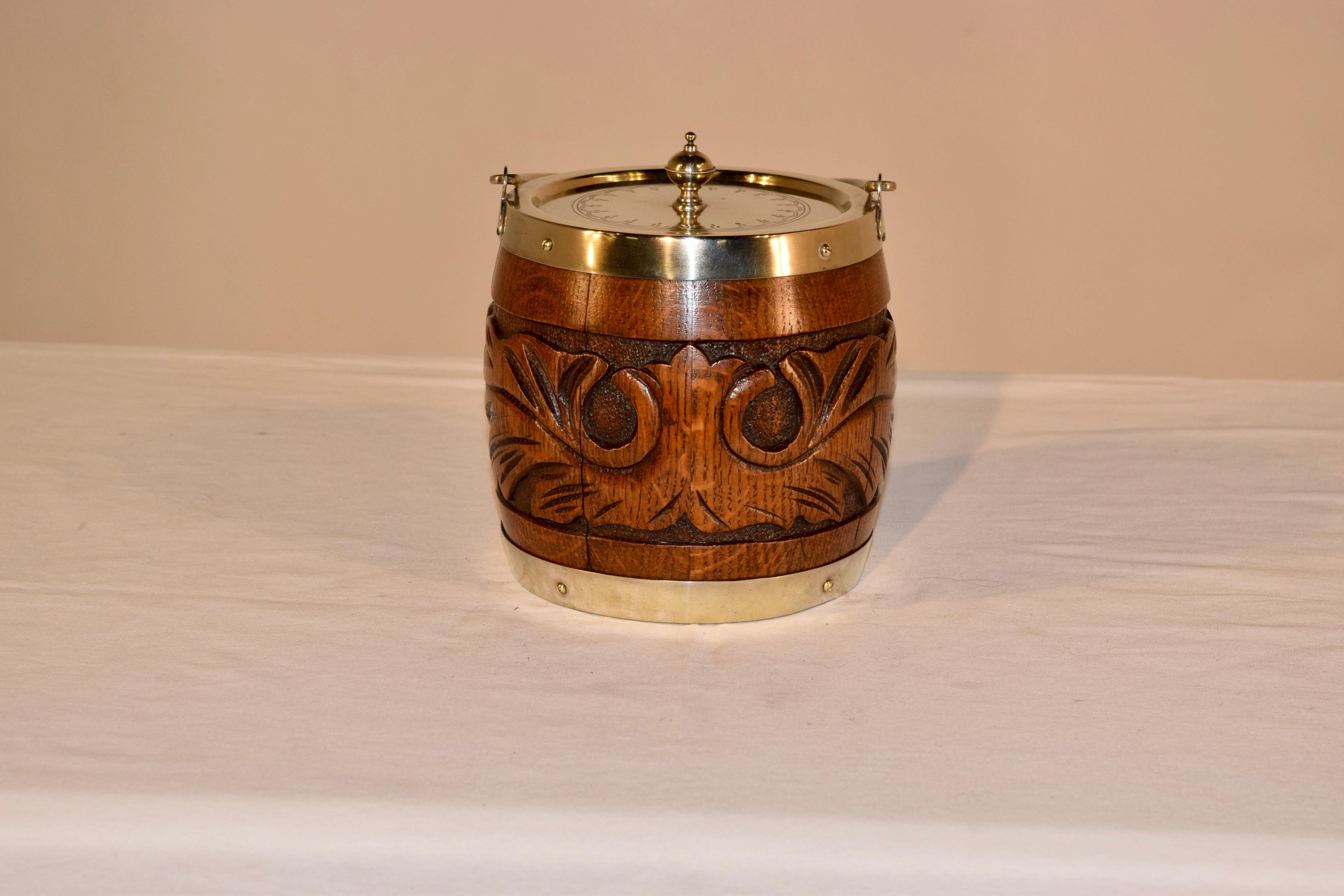 Hand-Carved English Oak Silver Plated Biscuit Barrel