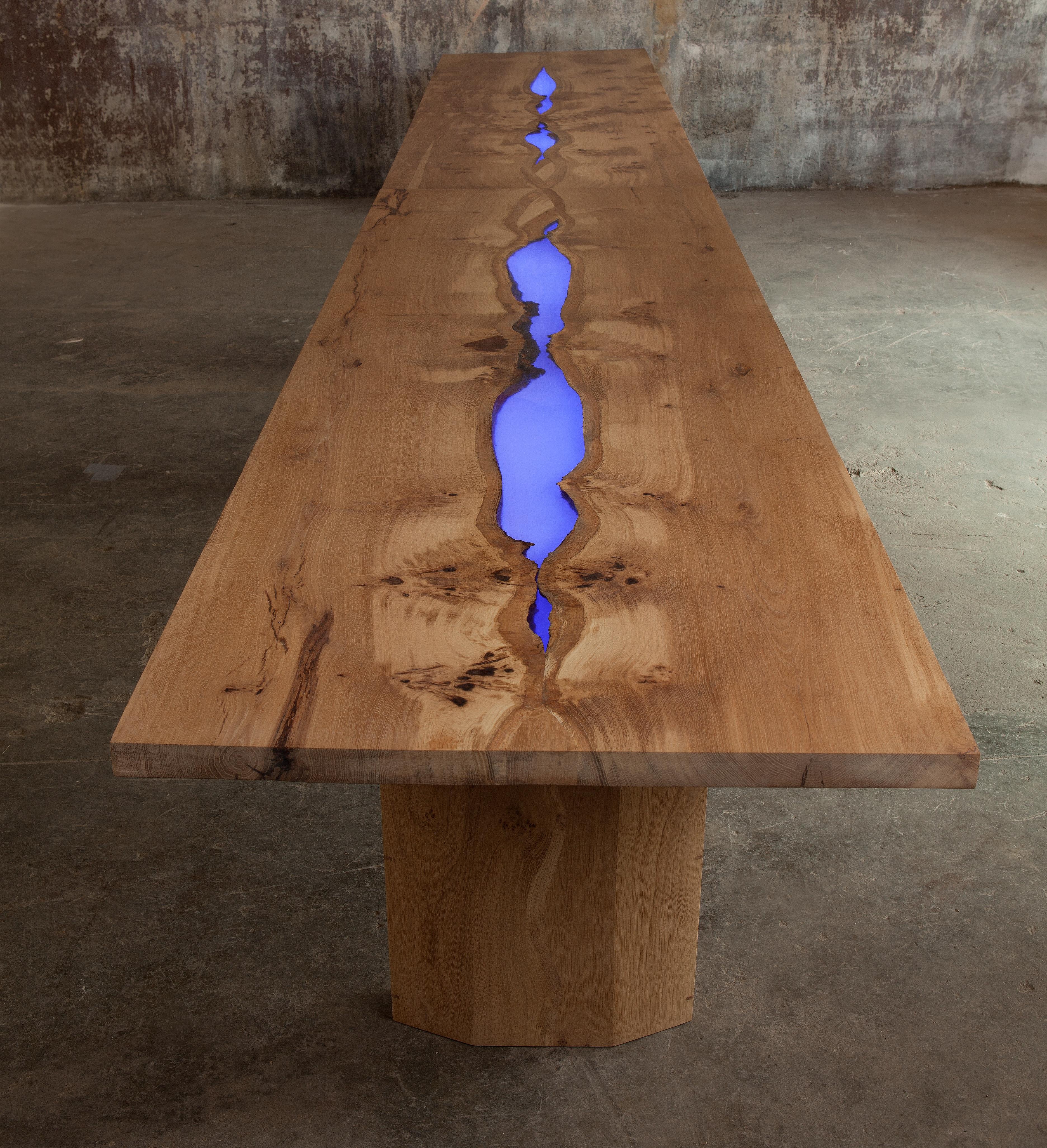 Contemporary English Oak Table, river resin book-matched English oak by Jonathan Field