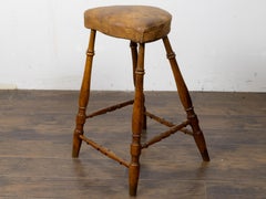 English Oak Tall Stool with Patinated Leather Seat, circa 1920