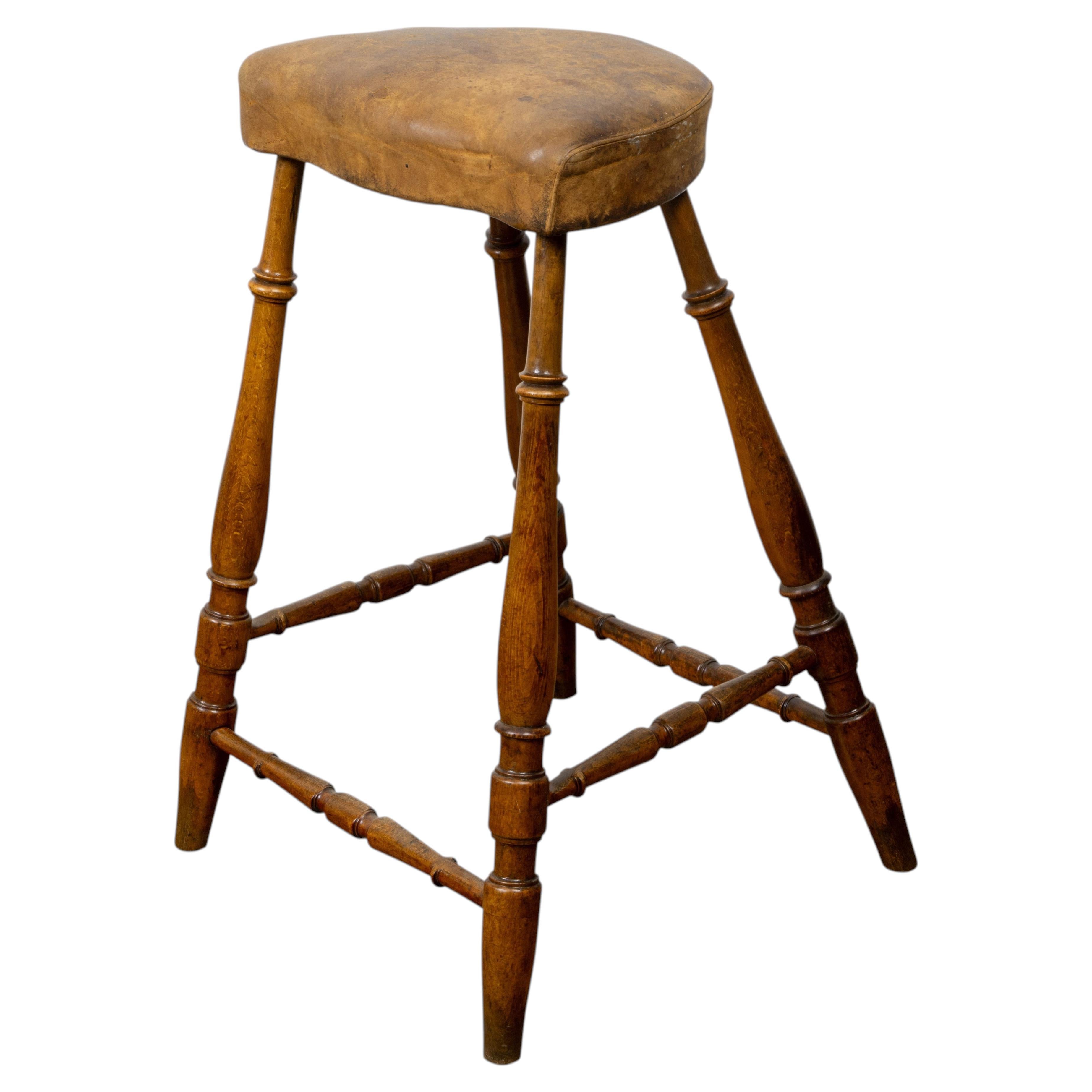 English Oak Tall Stool with Patinated Leather Seat, circa 1920 For Sale