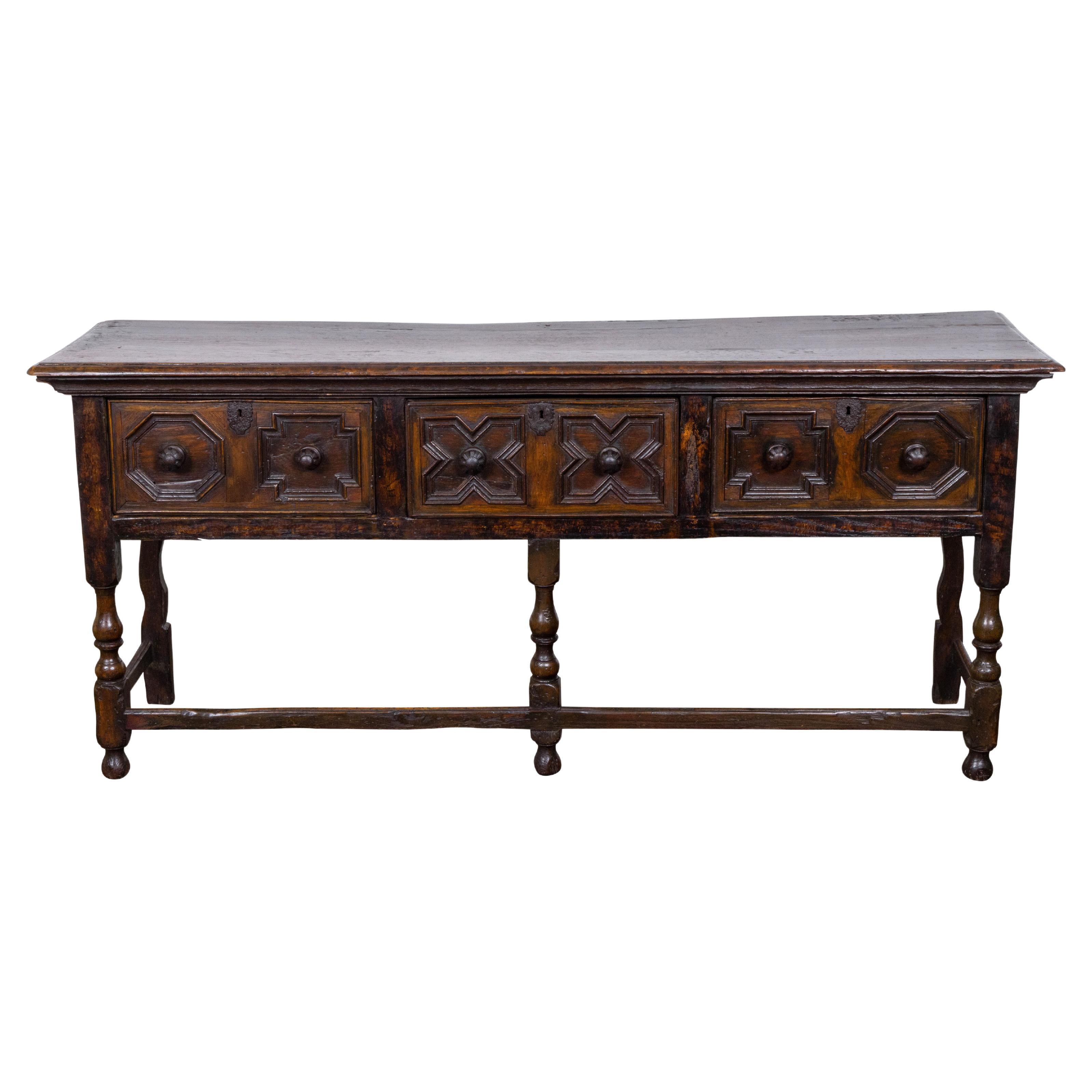 English Oak Three-Drawer Low Dresser or Serving Table, Circa 1800 For Sale