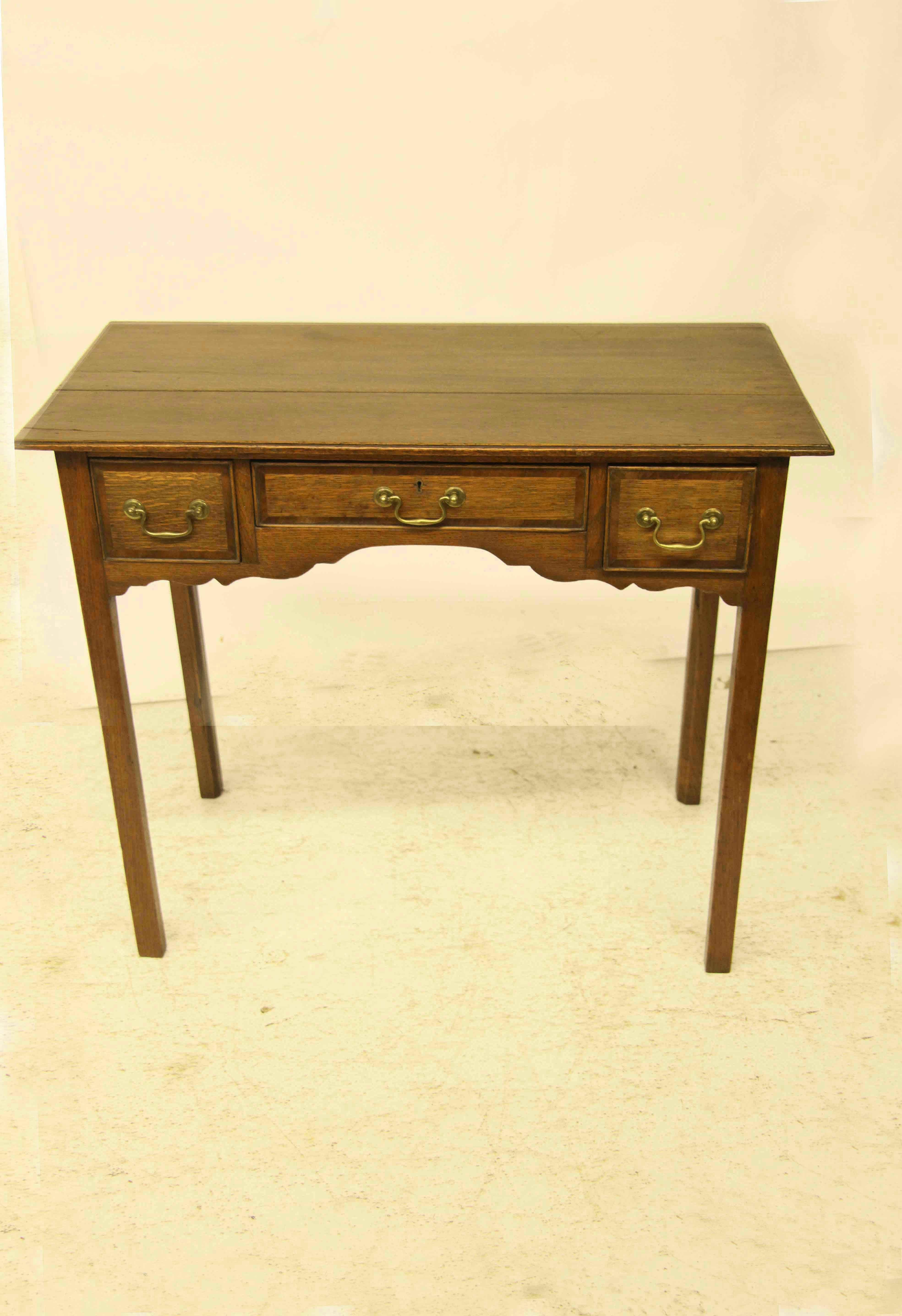 Brass English Oak Three Drawer Side Table For Sale