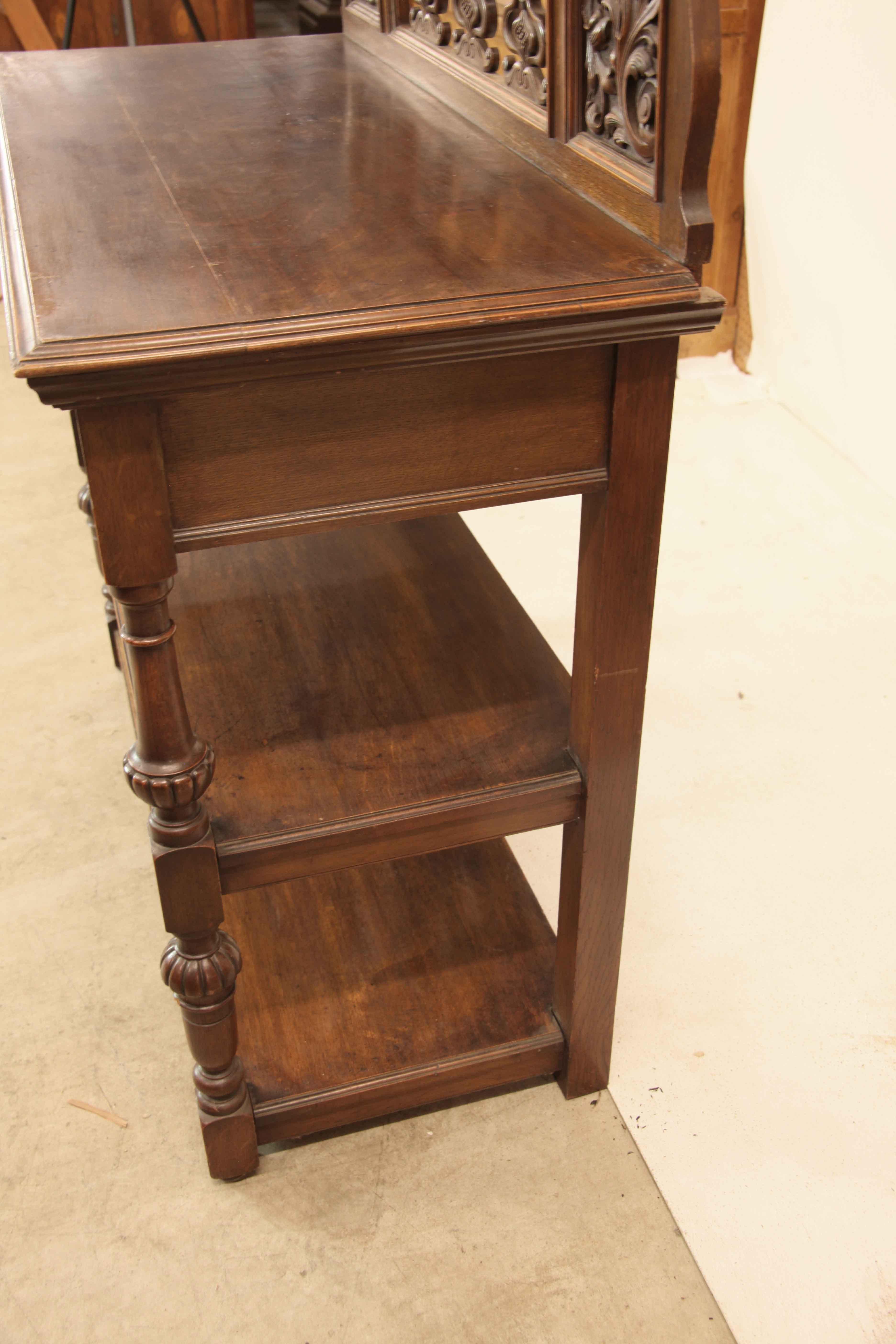 Hand-Carved English Oak Three Tier Buffet For Sale
