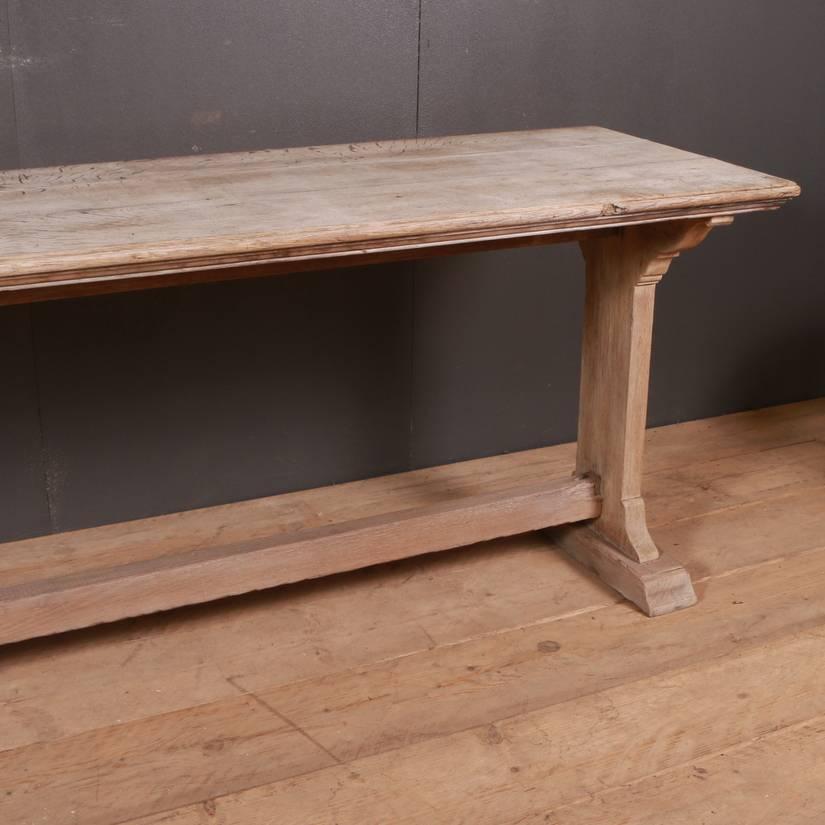 Amazing English antique bleached oak trestle table, 1880

Dimensions:
120 inches (305 cms) wide
24 inches (61 cms) deep
30 inches (76 cms) high.

 