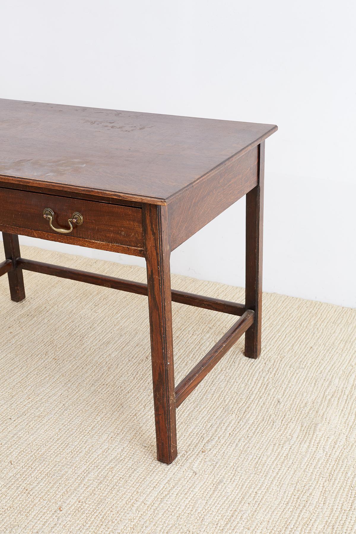 Brass English Oak Two-Drawer Writing Table Desk