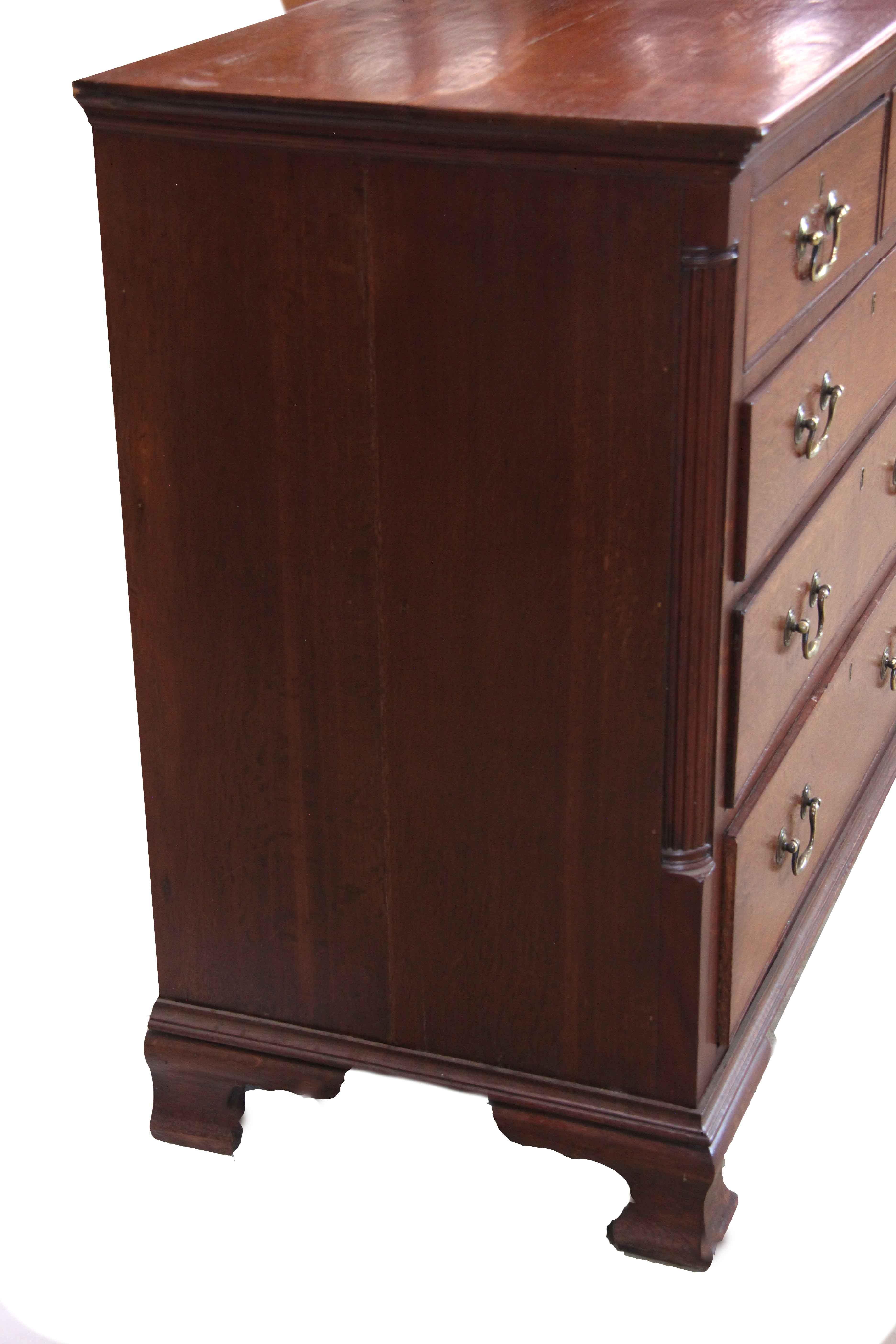 English oak two over three drawer chest, warm color and patina throughout this chest, the cock beaded and graduated drawers have swan neck pulls ( not original but are replacements of the same style pull it had originally) ; this chest features a