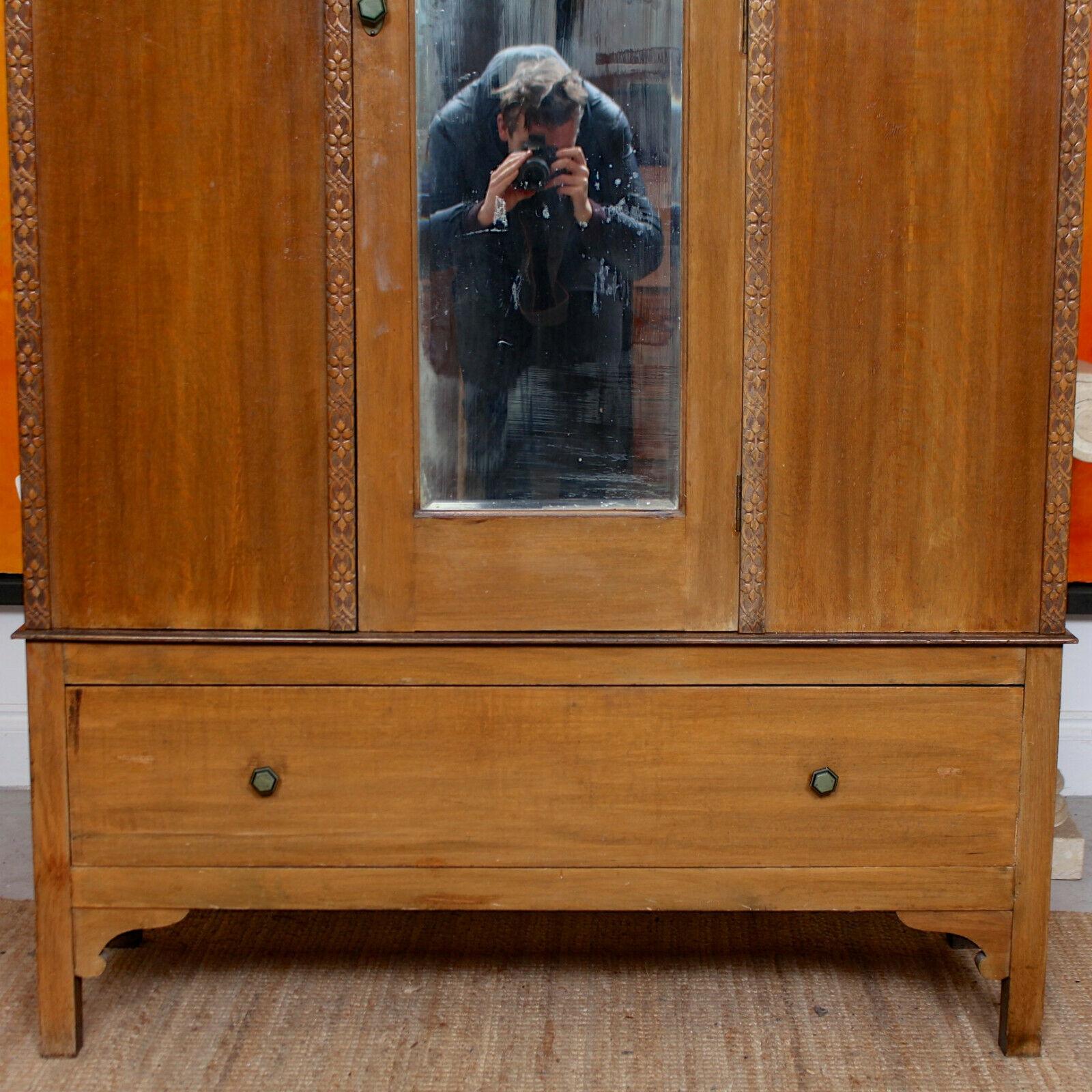 English Oak Wardrobe Mirrored Armoire For Sale 1