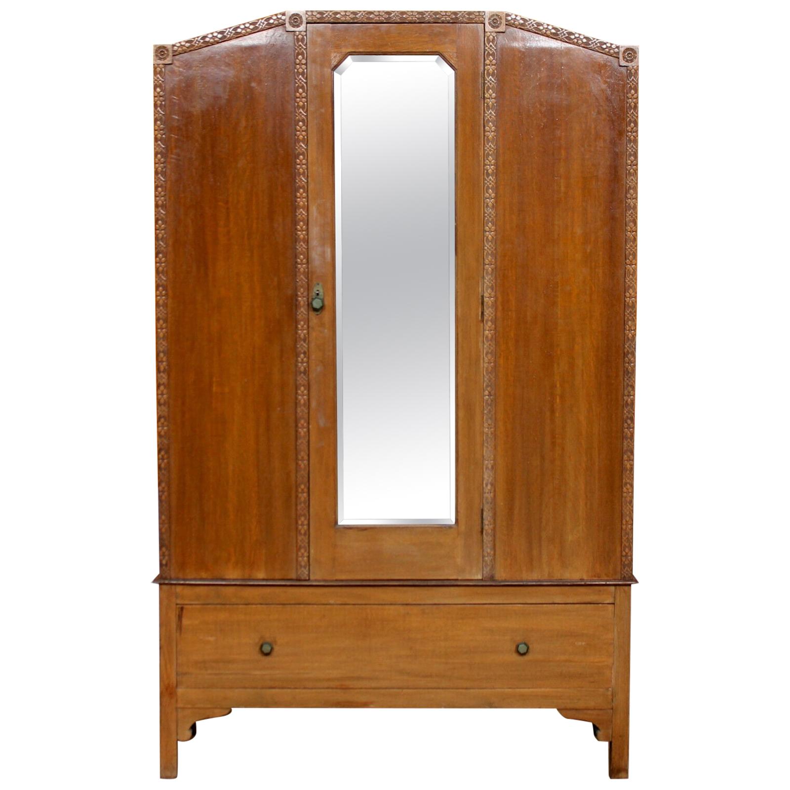 English Oak Wardrobe Mirrored Armoire For Sale