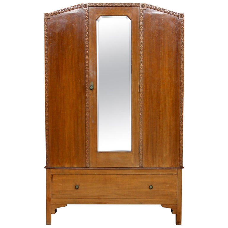 English Oak Wardrobe Mirrored Armoire, Mirror Armoire Wardrobe