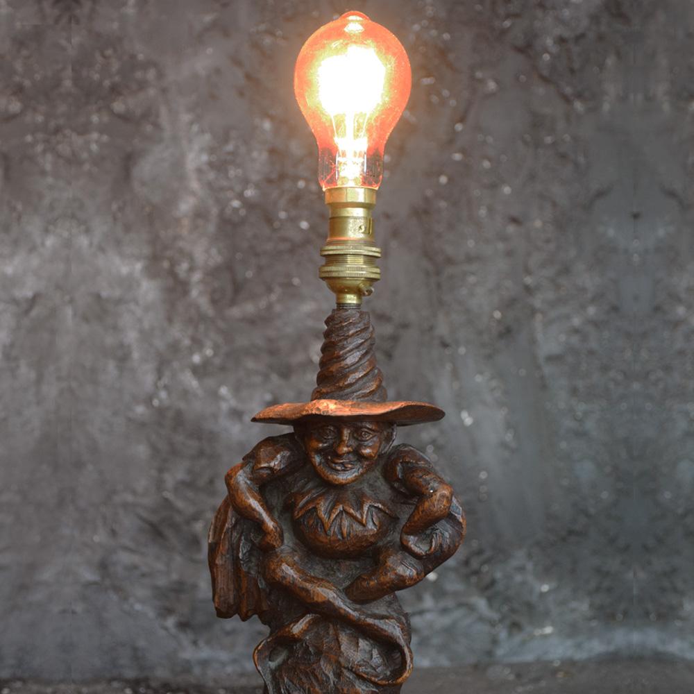 English Oak Wood Hand Carved Folk Art Witches Lamp, circa 1936 11
