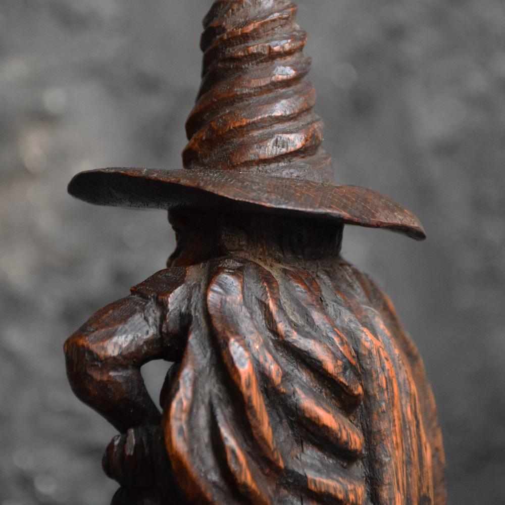 British English Oak Wood Hand Carved Folk Art Witches Lamp, circa 1936