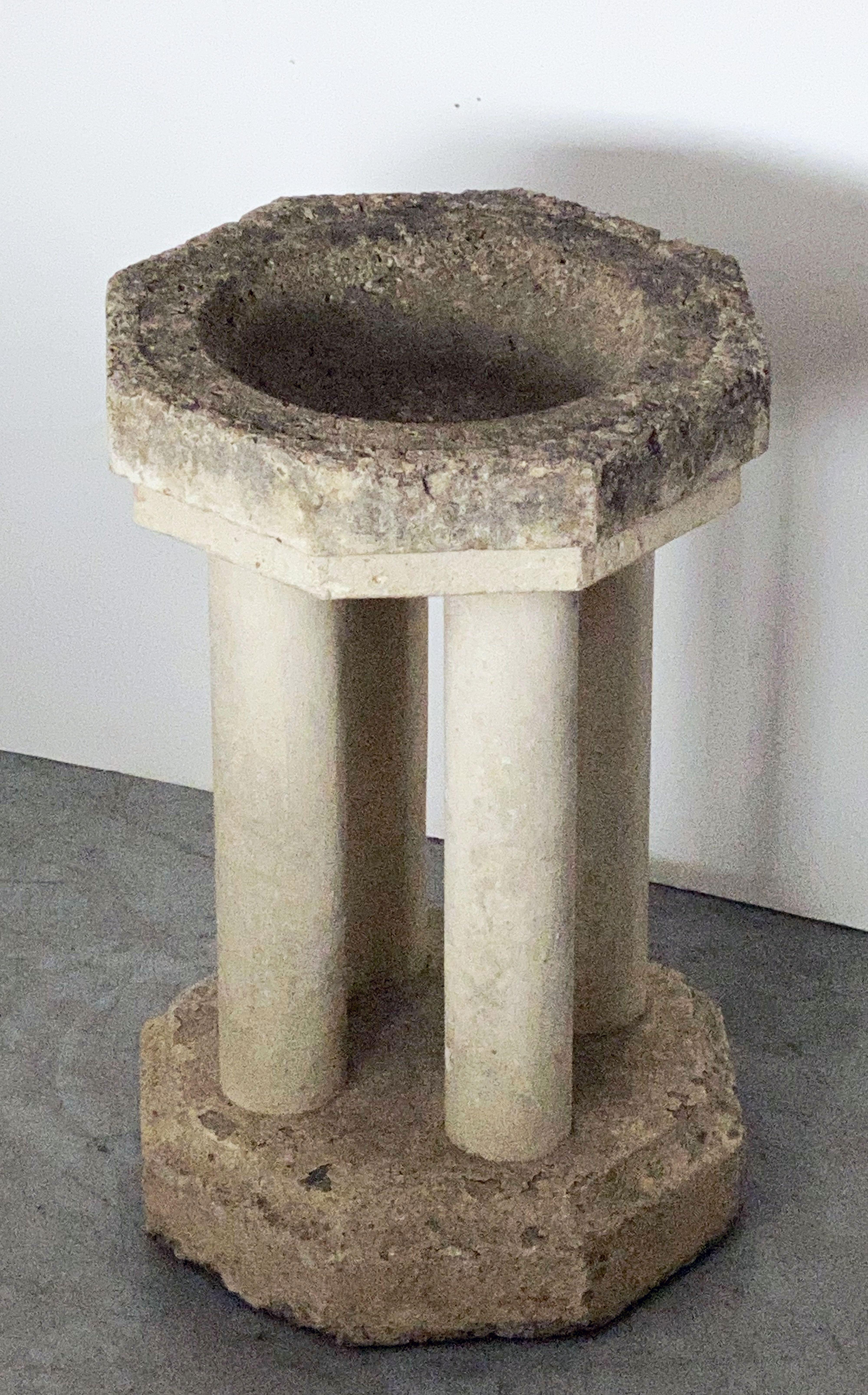 English Octagonal Garden Stone Bird Bath or Font with Column Supports 7