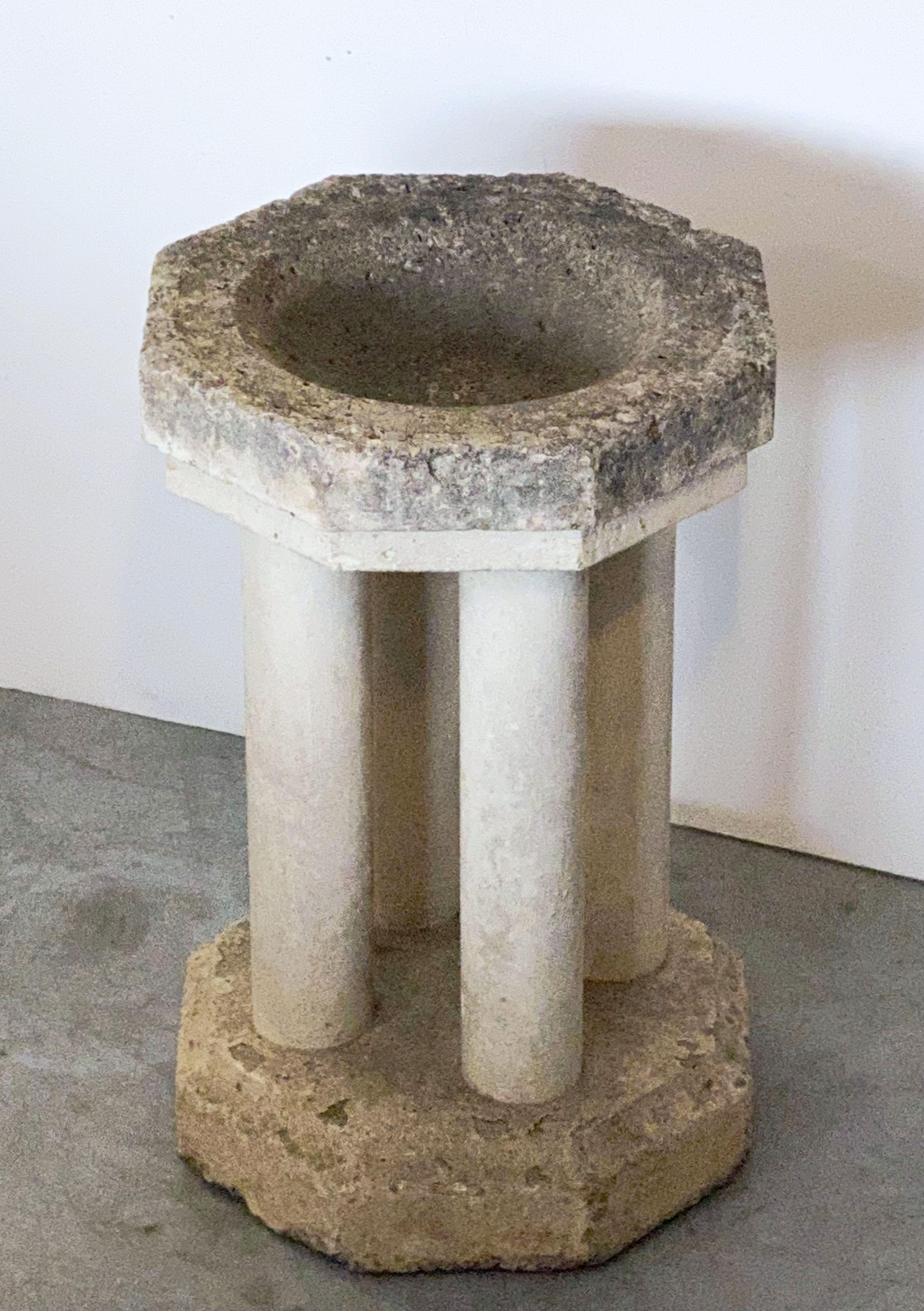 English Octagonal Garden Stone Bird Bath or Font with Column Supports 13