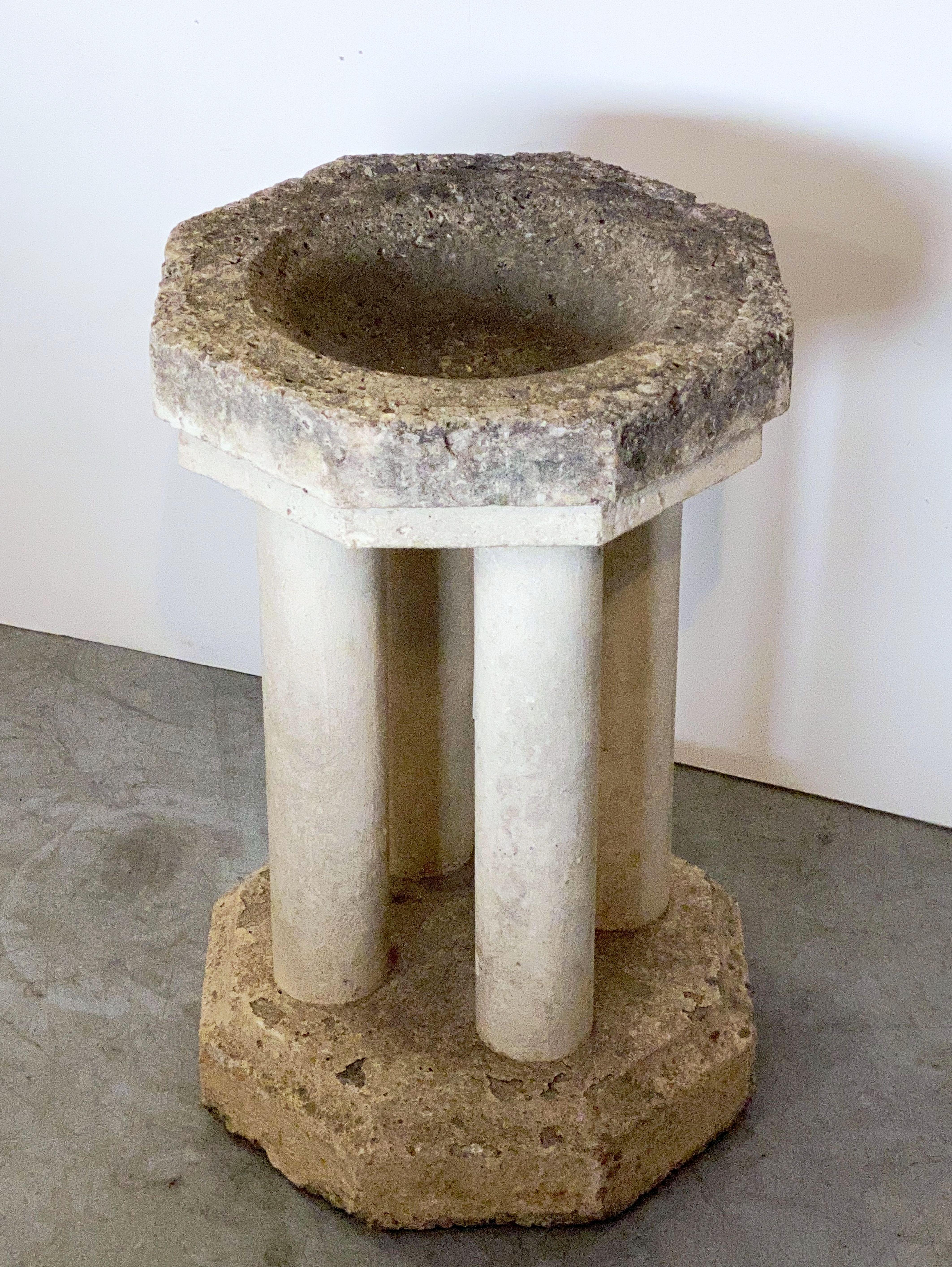 Cast Stone English Octagonal Garden Stone Bird Bath or Font with Column Supports