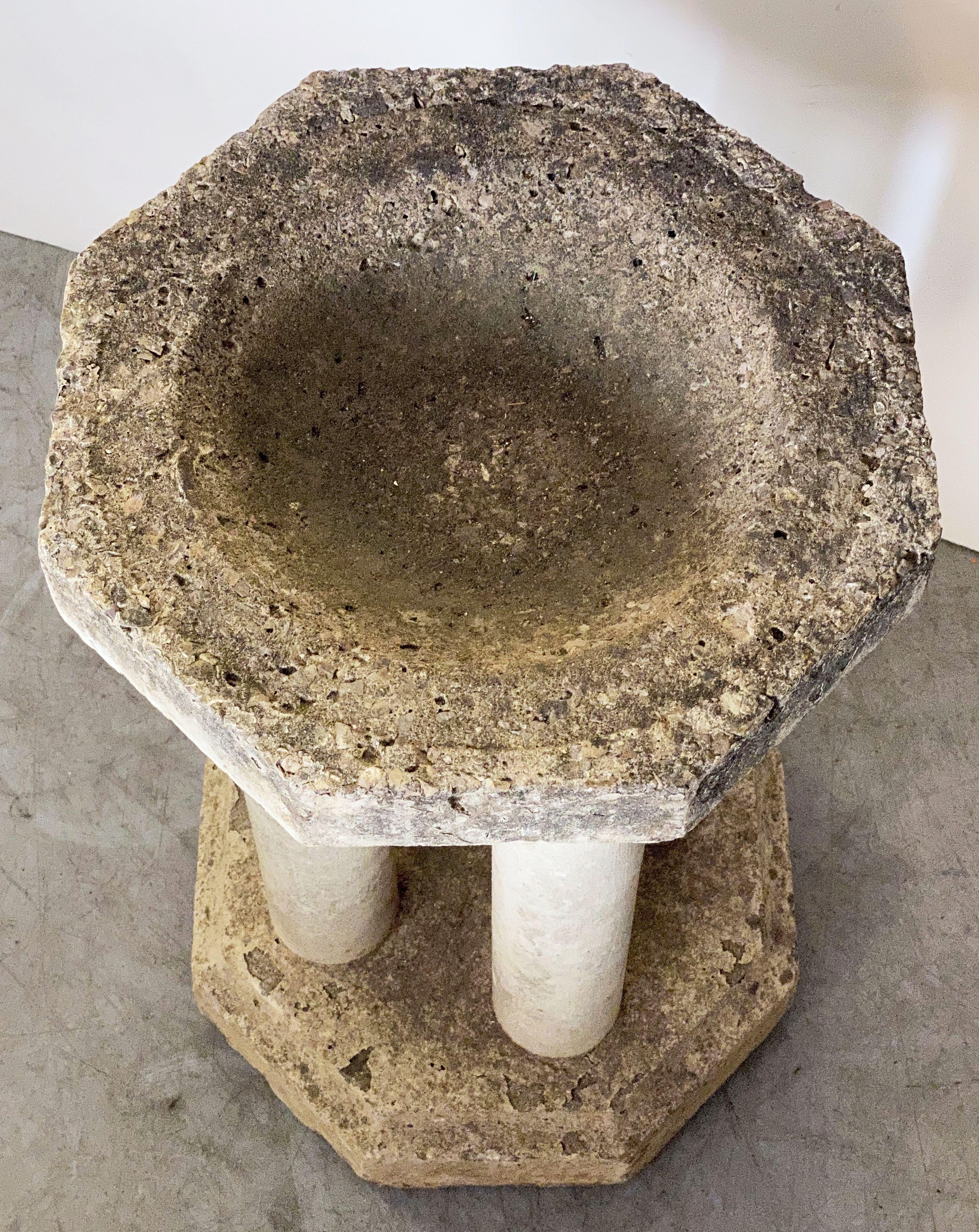 English Octagonal Garden Stone Bird Bath or Font with Column Supports 1