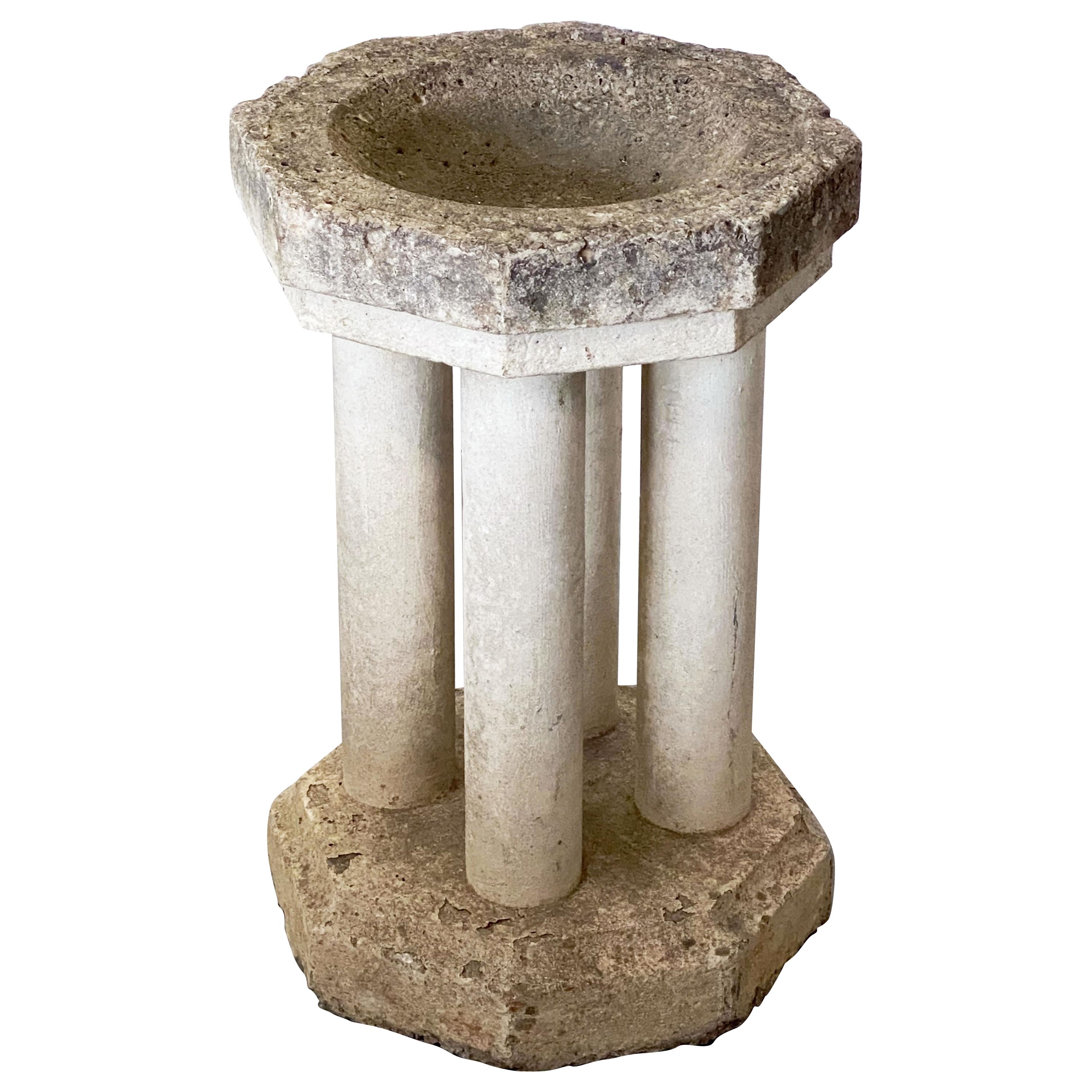 English Octagonal Garden Stone Bird Bath or Font with Column Supports