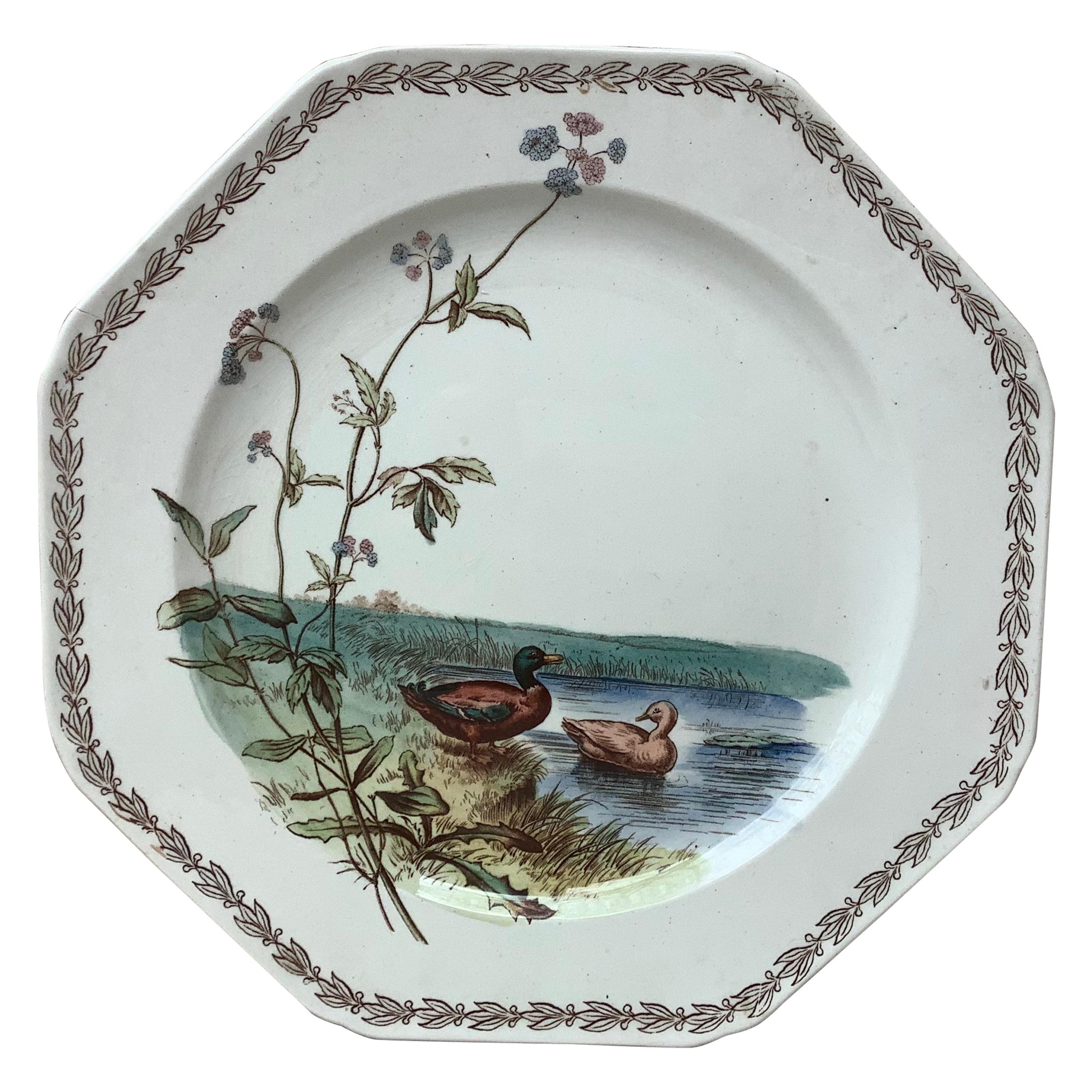 English Octagonal Plate Ducks on Lake Brown Westhead and Moore, circa 1890 For Sale